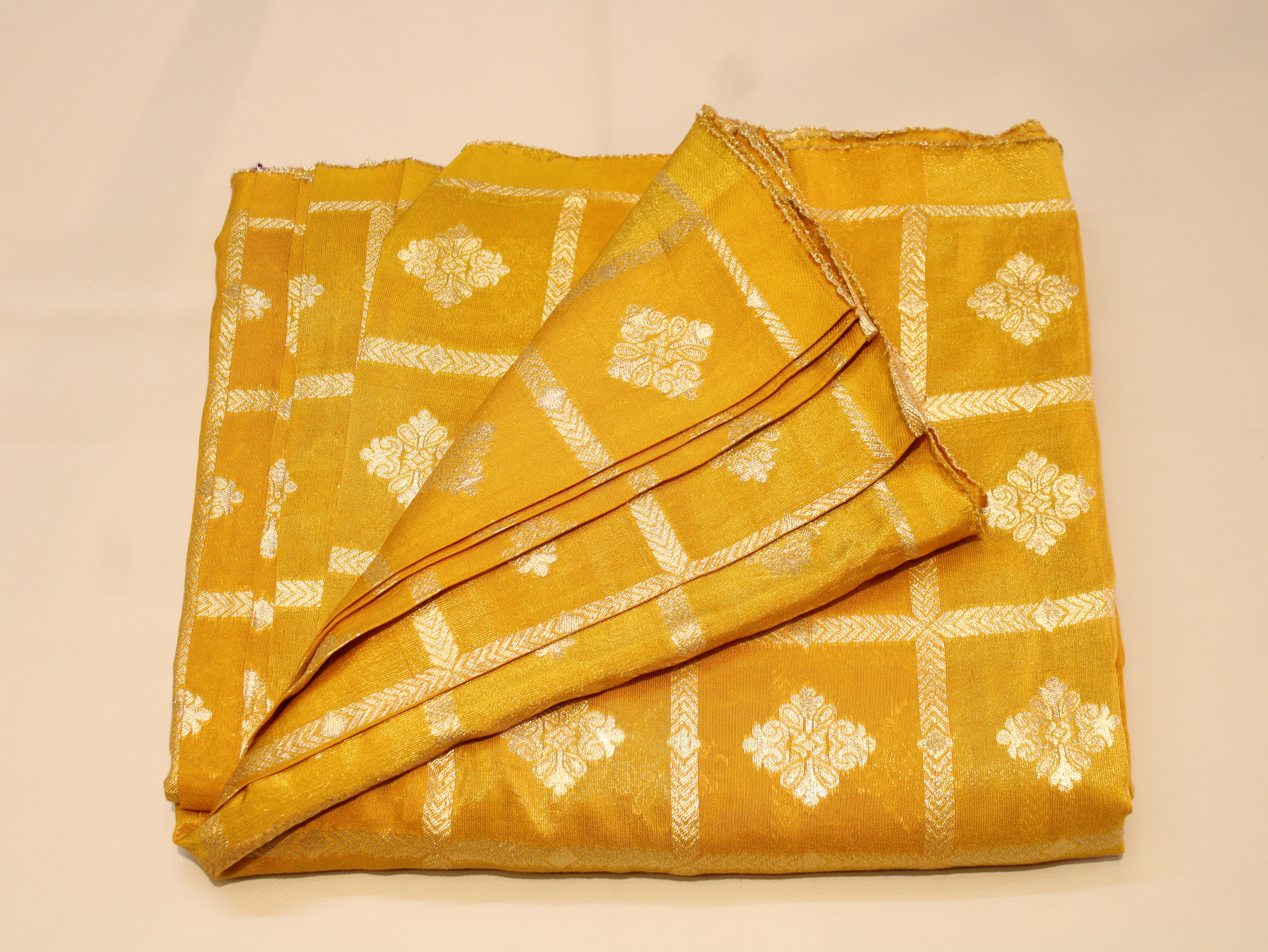 Dola Silk Checked Jacquard Banarasi Fabric | 44 Inch | Yellow