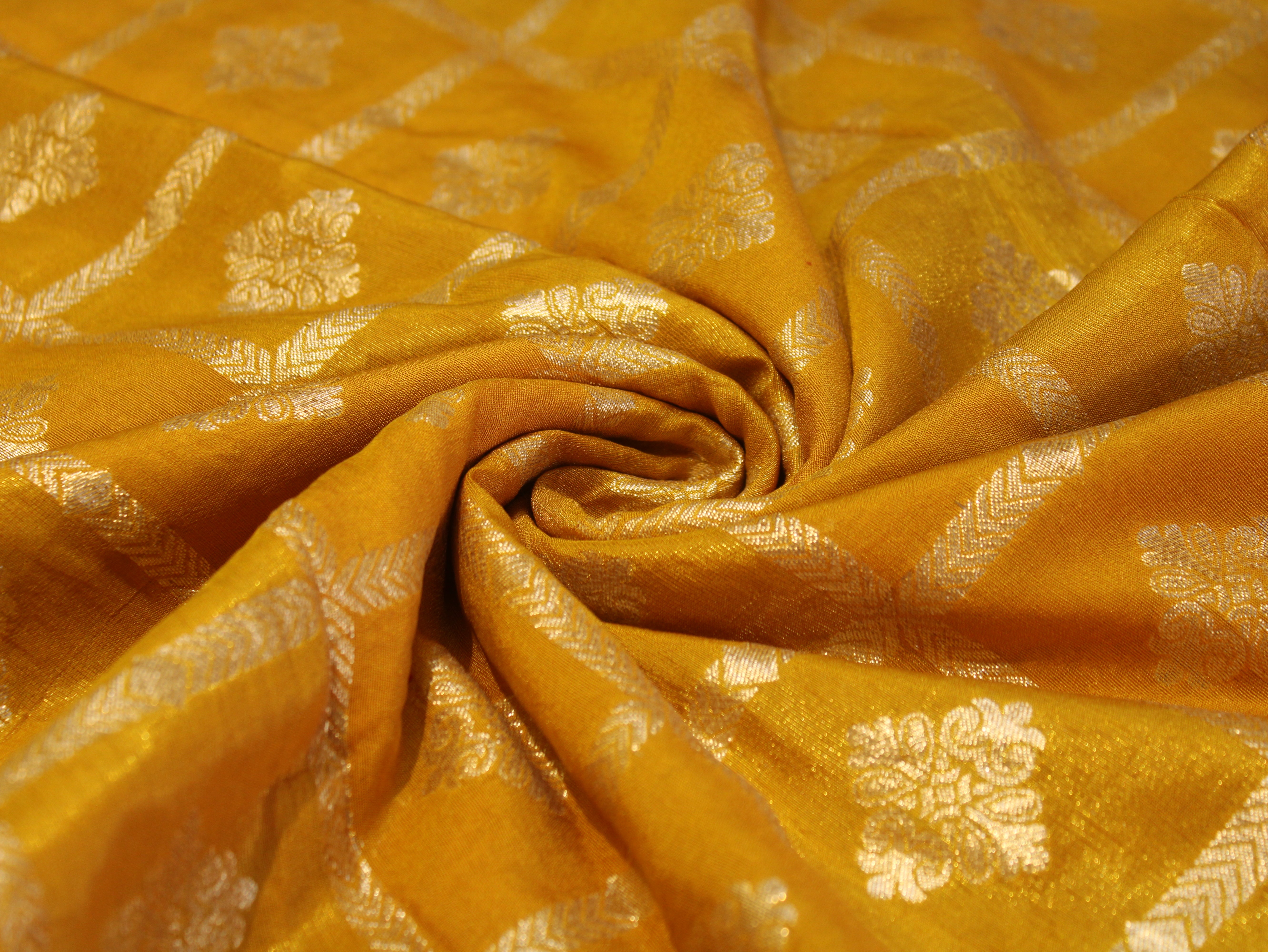 Dola Silk Checked Jacquard Banarasi Fabric | 44 Inch | Yellow