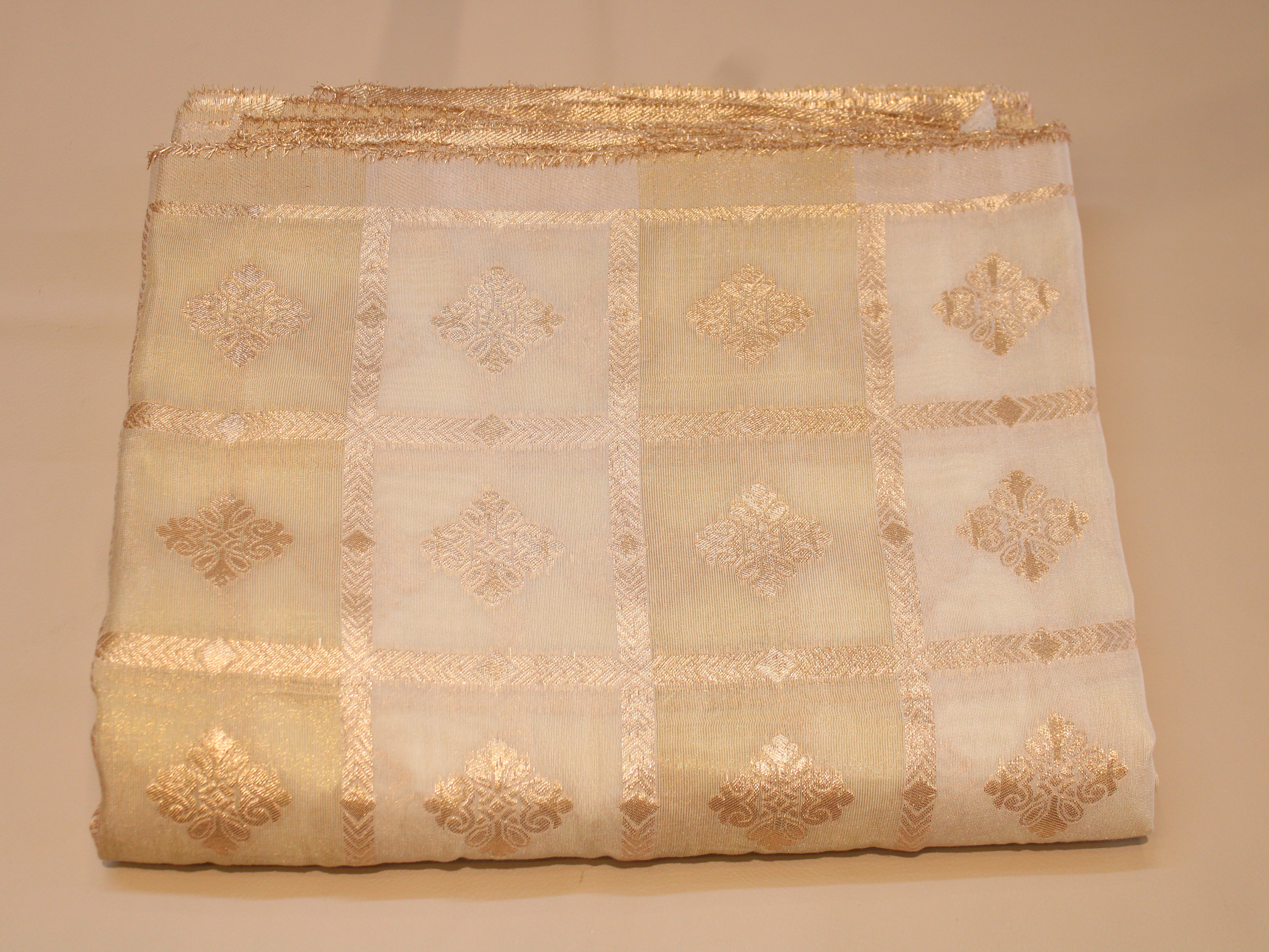 Dola Silk Checked Jacquard Banarasi Fabric | 44 Inch | White Dyeable