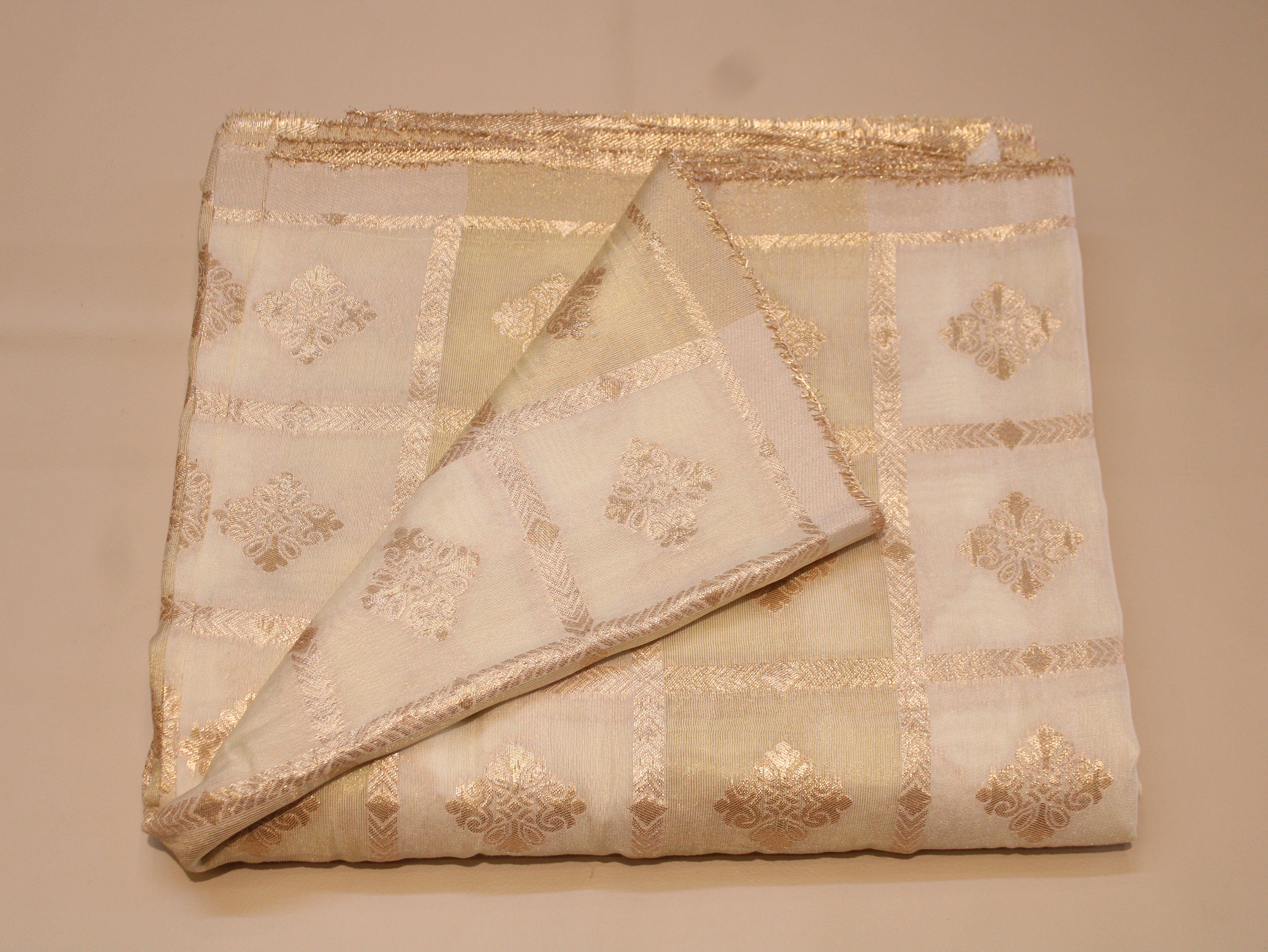 Dola Silk Checked Jacquard Banarasi Fabric | 44 Inch | White Dyeable