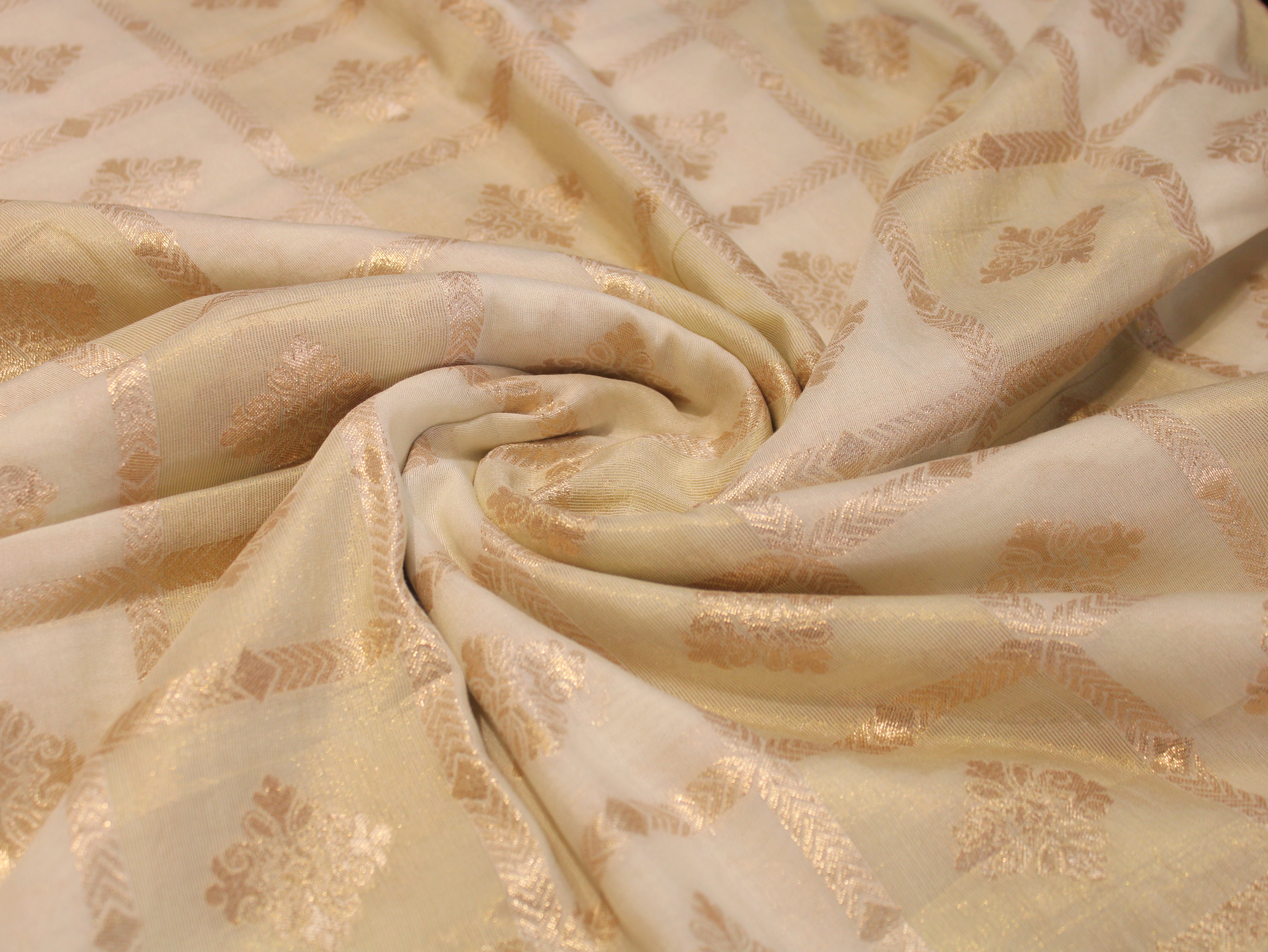 Dola Silk Checked Jacquard Banarasi Fabric | 44 Inch | White Dyeable