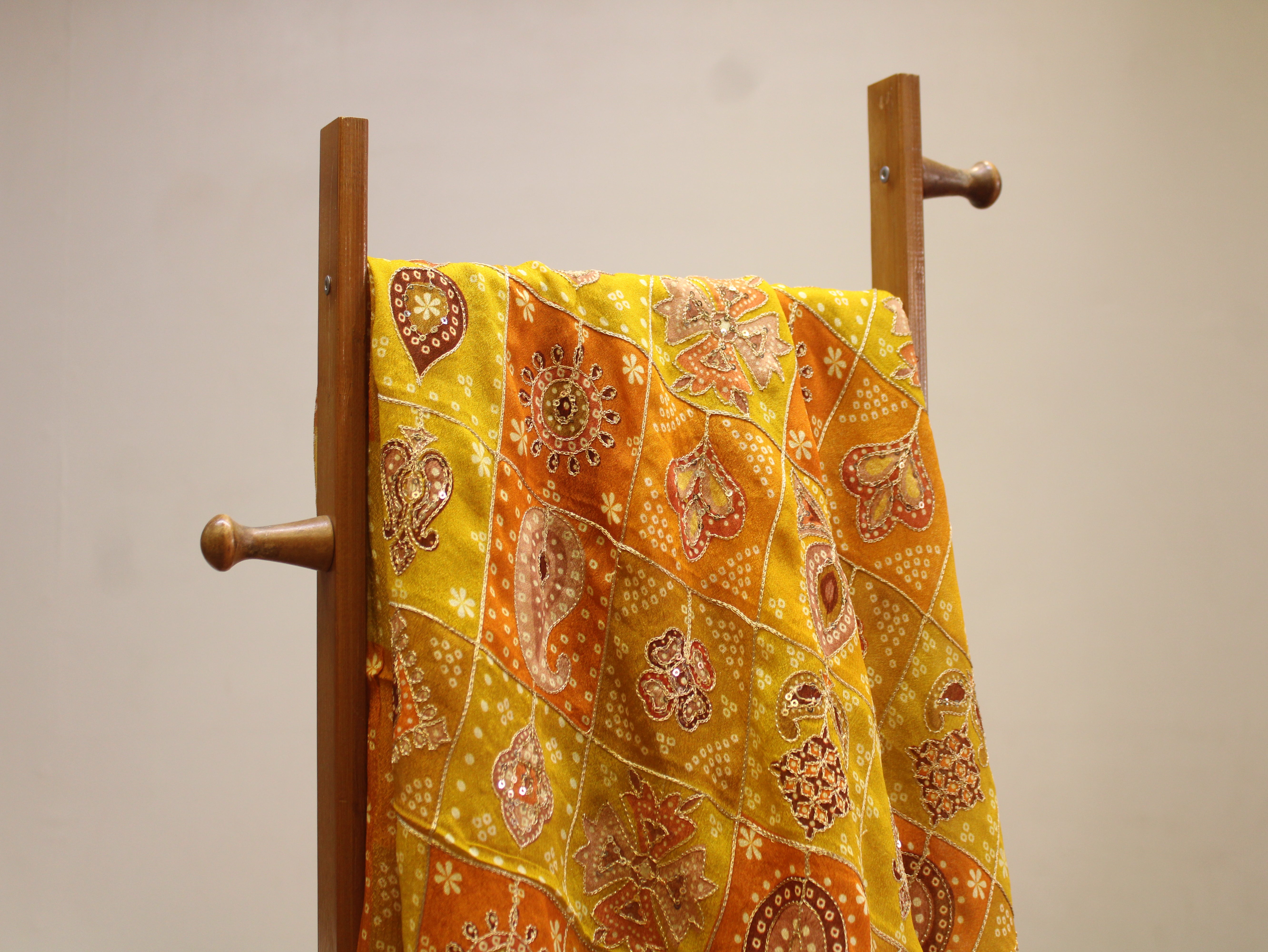 Chinon Bandhini Position Work Fabric | 42 Inch | Poly Viscose | Mustard