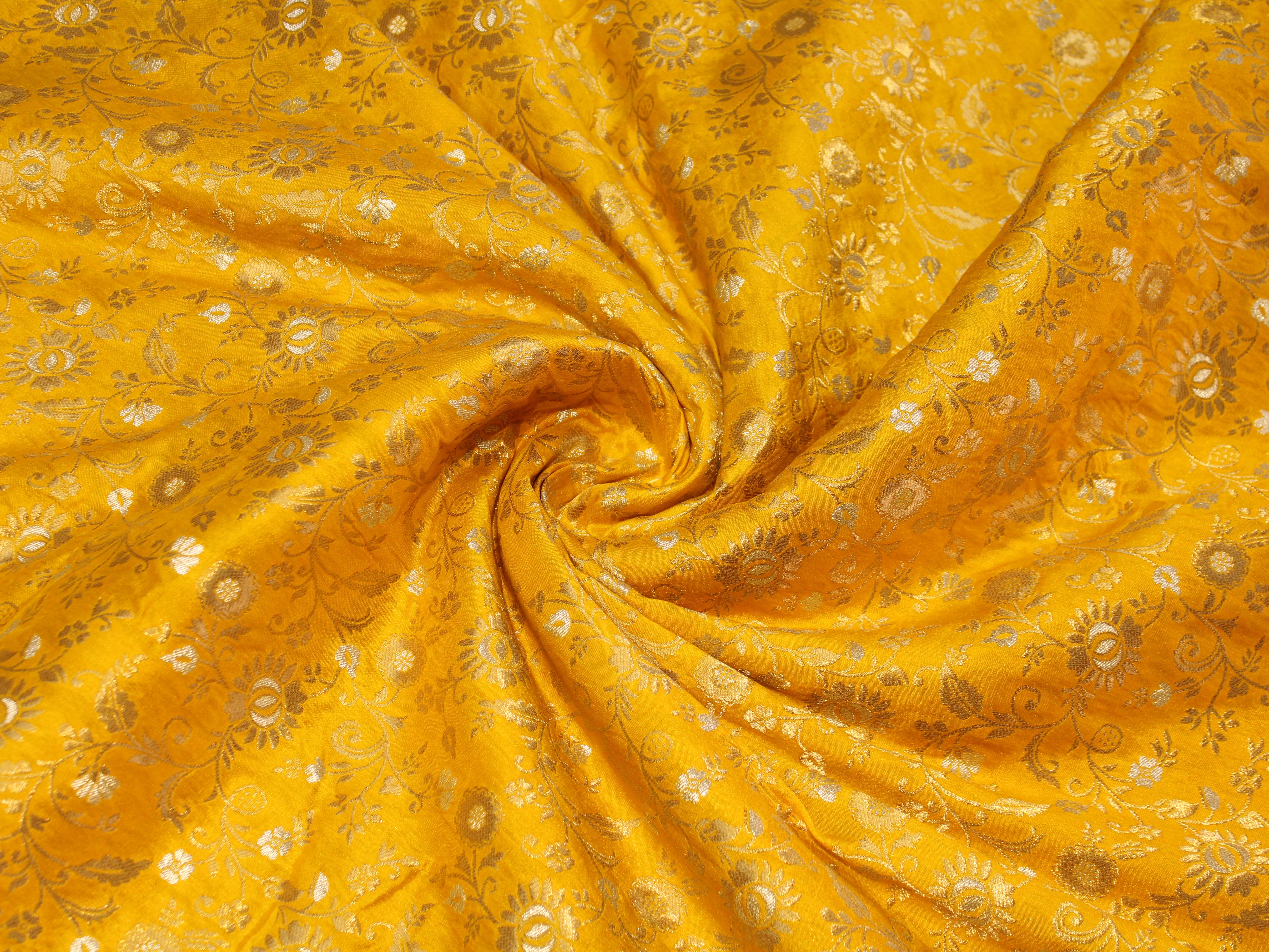 Banarasi Brocade Fabric Dual Tone Zari Floral Jacquard - Yellow