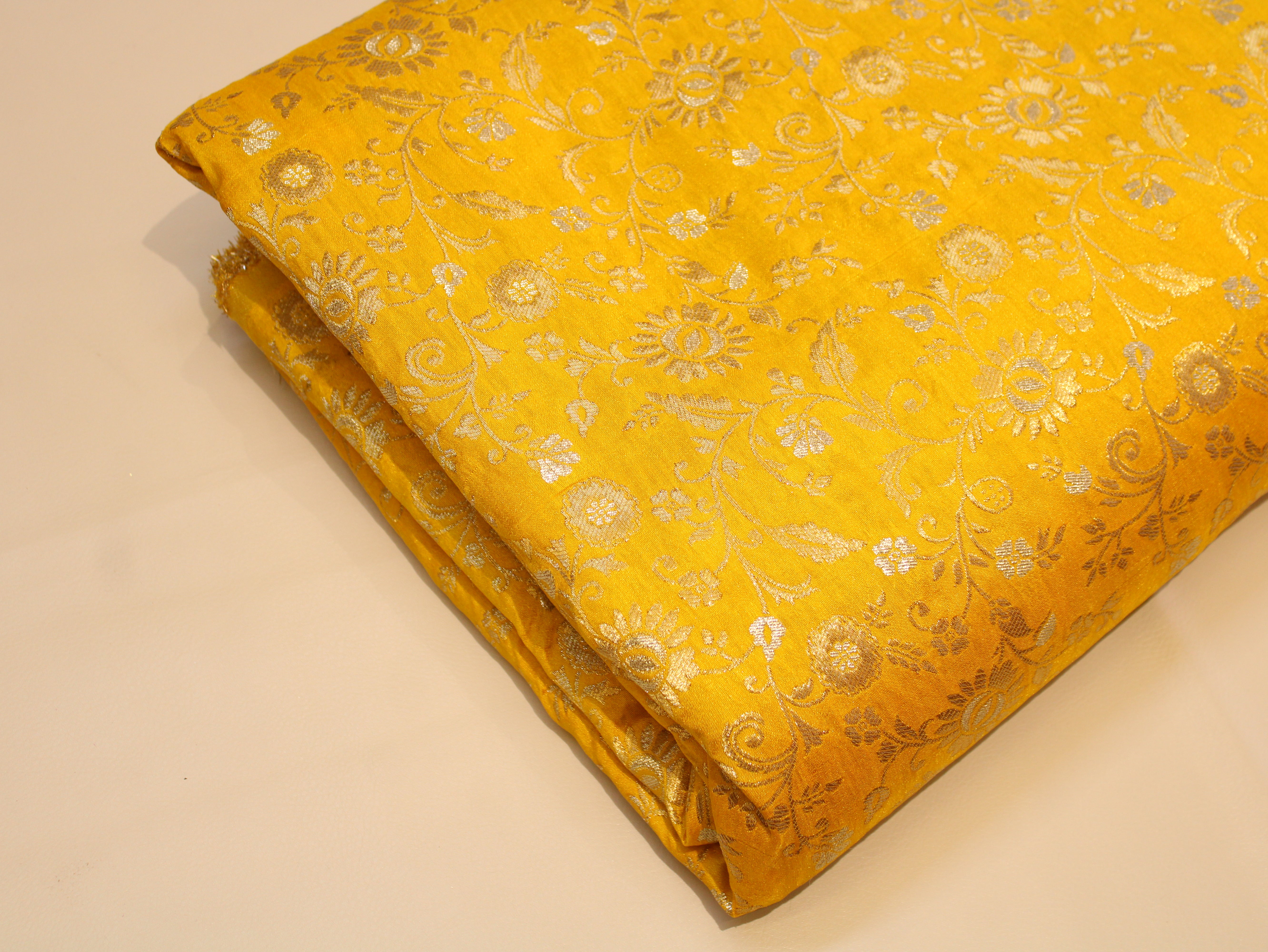 Banarasi Brocade Fabric Dual Tone Zari Floral Jacquard - Yellow