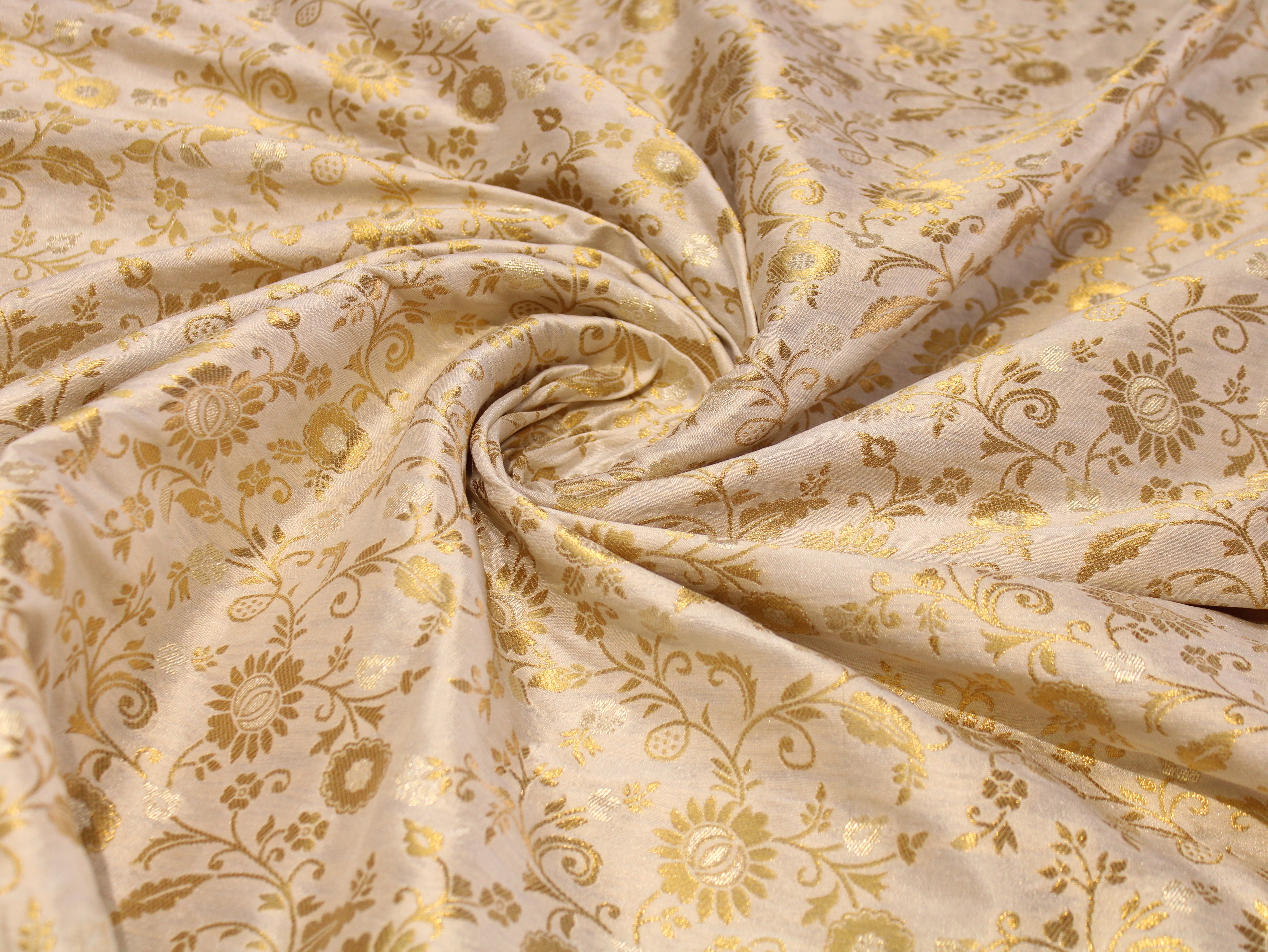 Banarasi Brocade Fabric Dual Tone Zari Floral Jacquard - White Dyeable