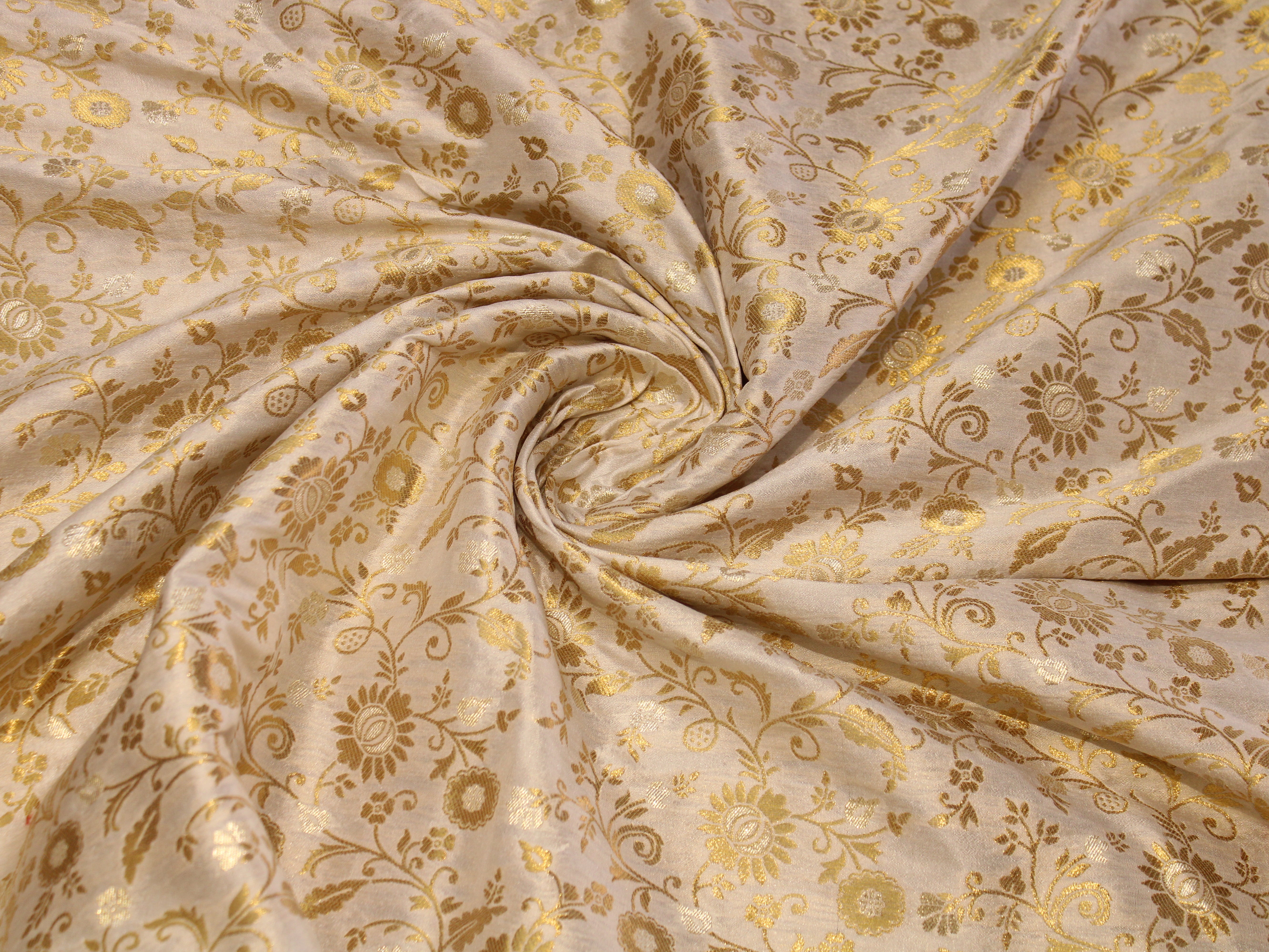 Banarasi Brocade Fabric Dual Tone Zari Floral Jacquard - White Dyeable