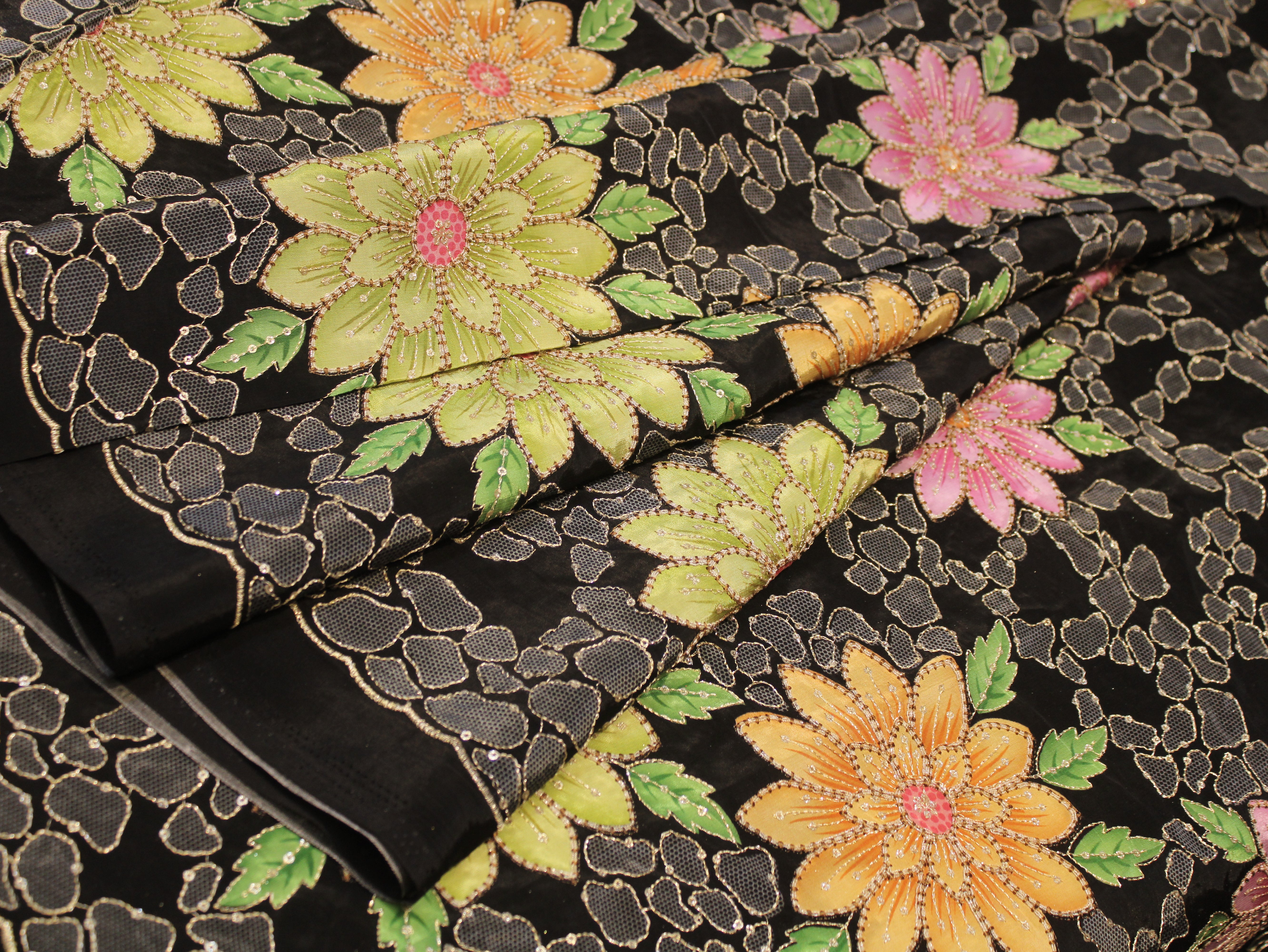 Natural Crepe Position Print Floral Fabric | Black | 52 Inch