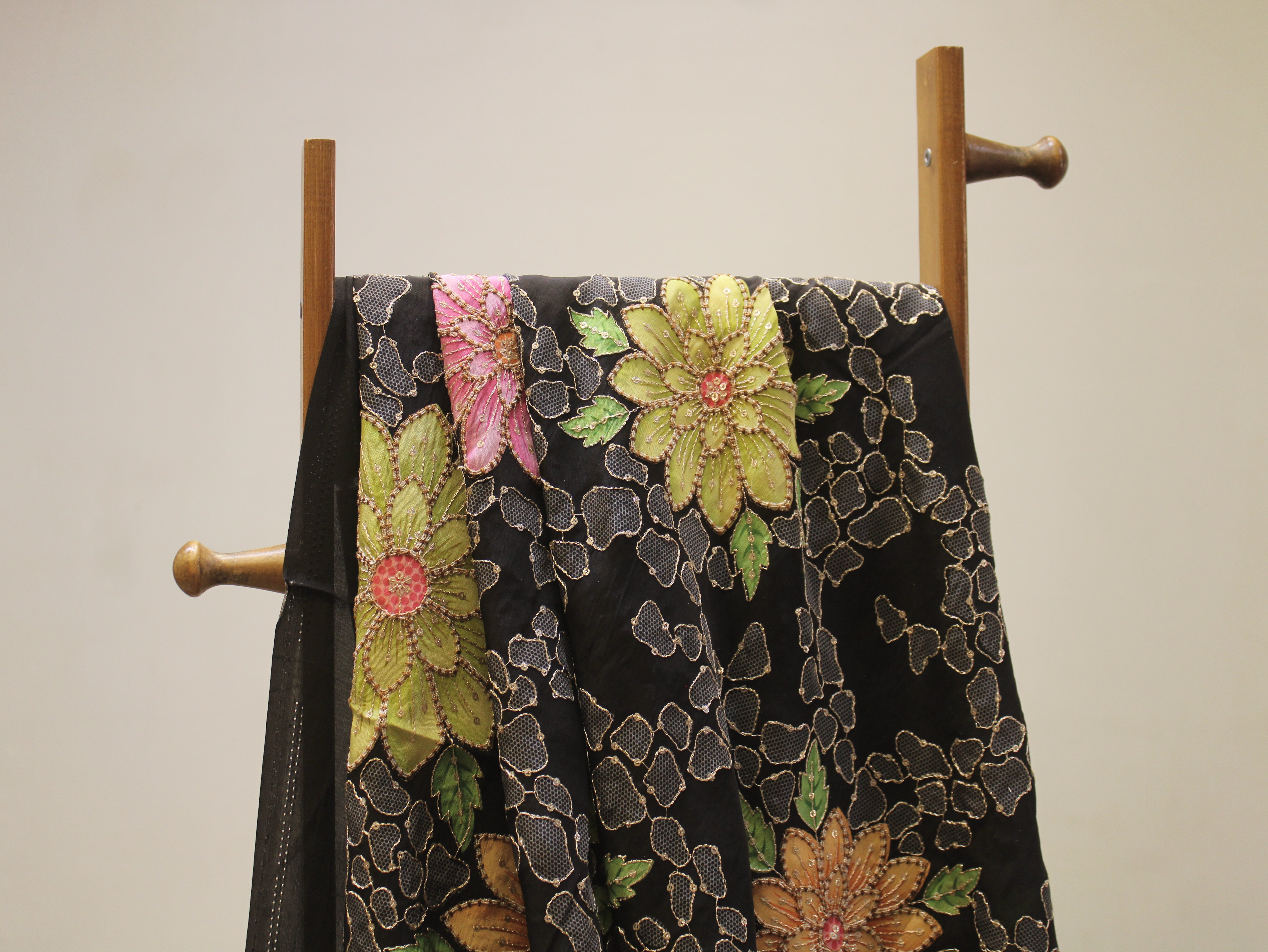 Natural Crepe Position Print Floral Fabric | Black | 52 Inch
