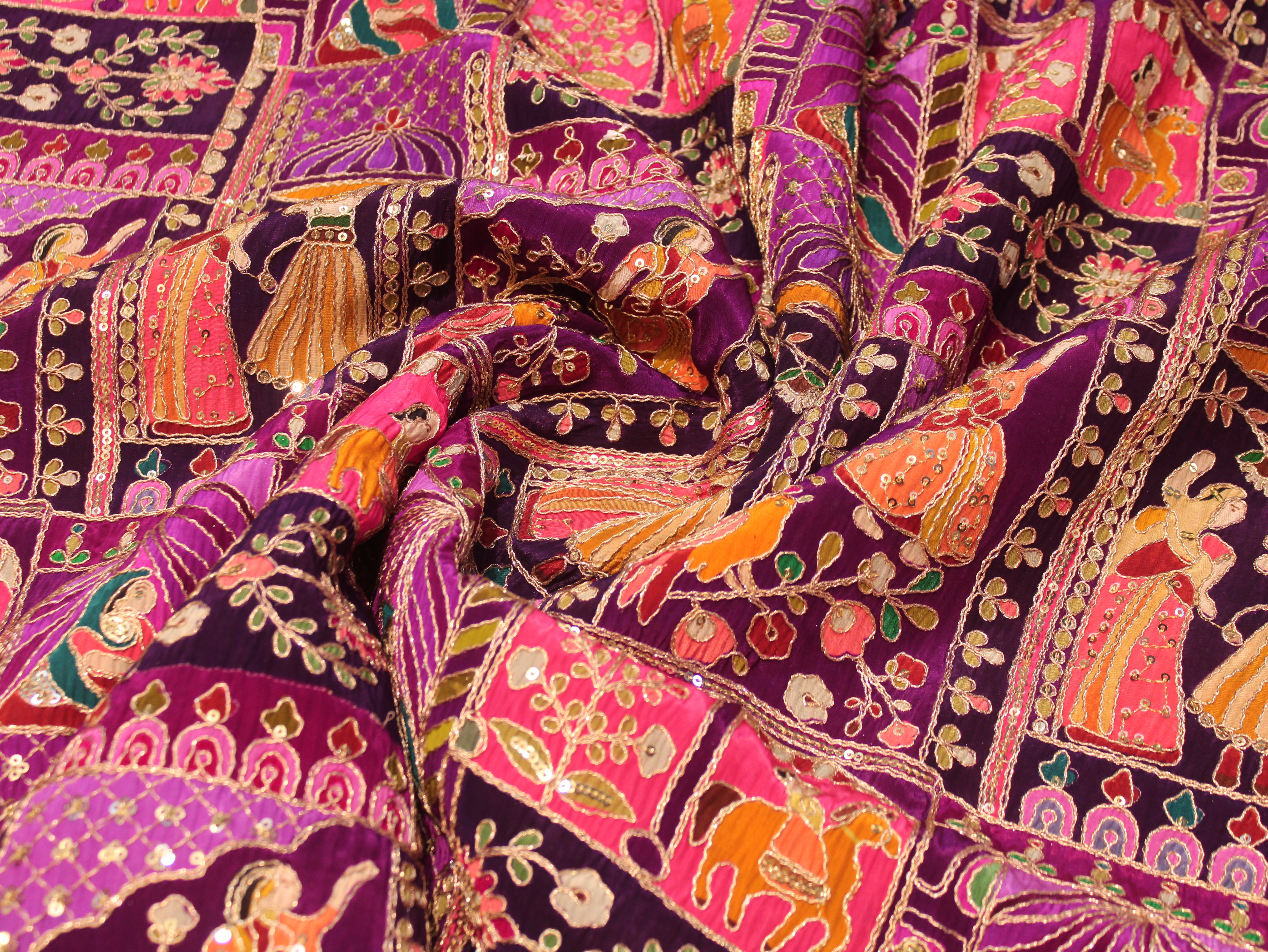 Natural Crepe Position Cording Work Fabric | Purple