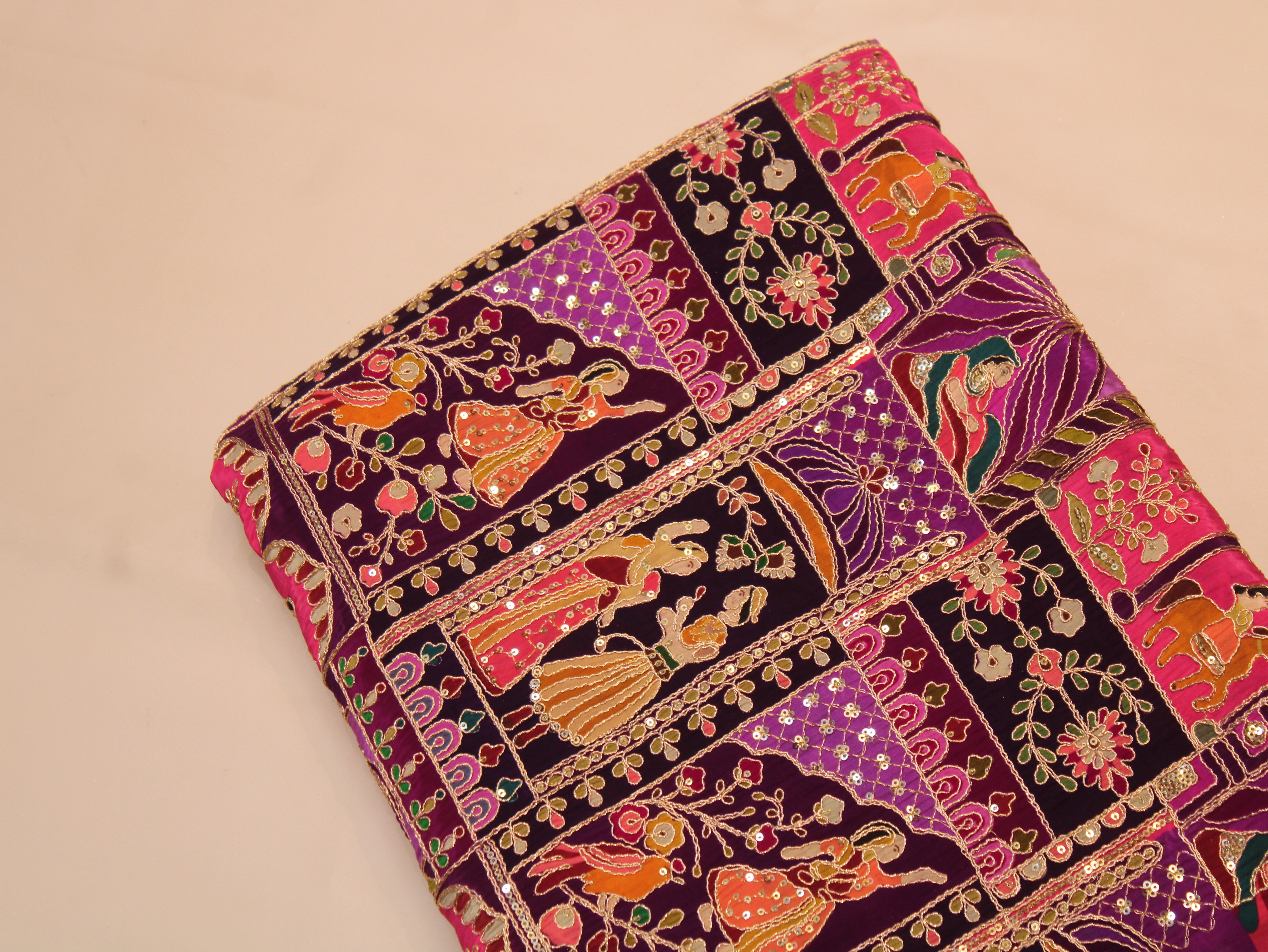 Natural Crepe Position Cording Work Fabric | Purple
