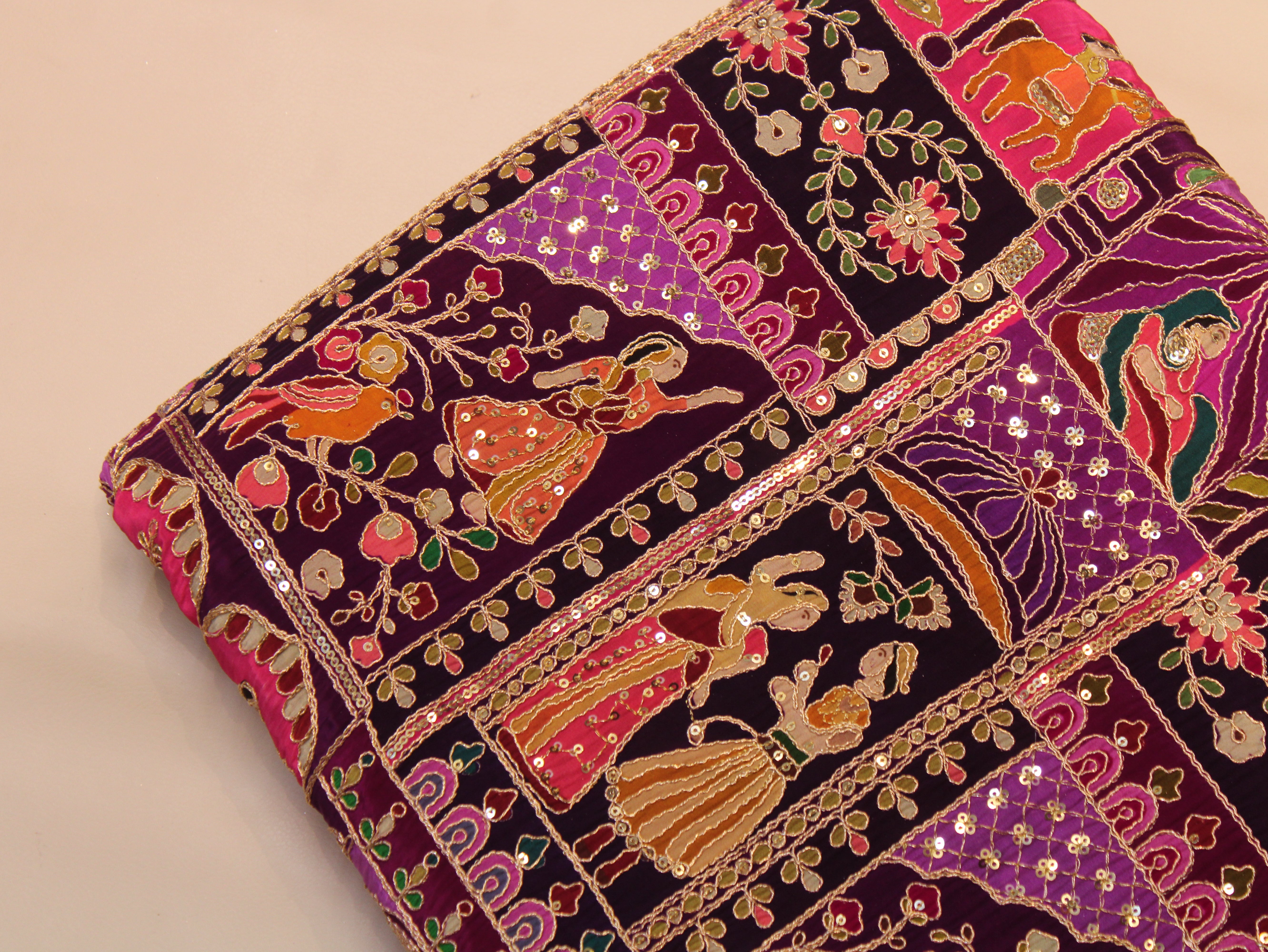 Natural Crepe Position Cording Work Fabric | Purple