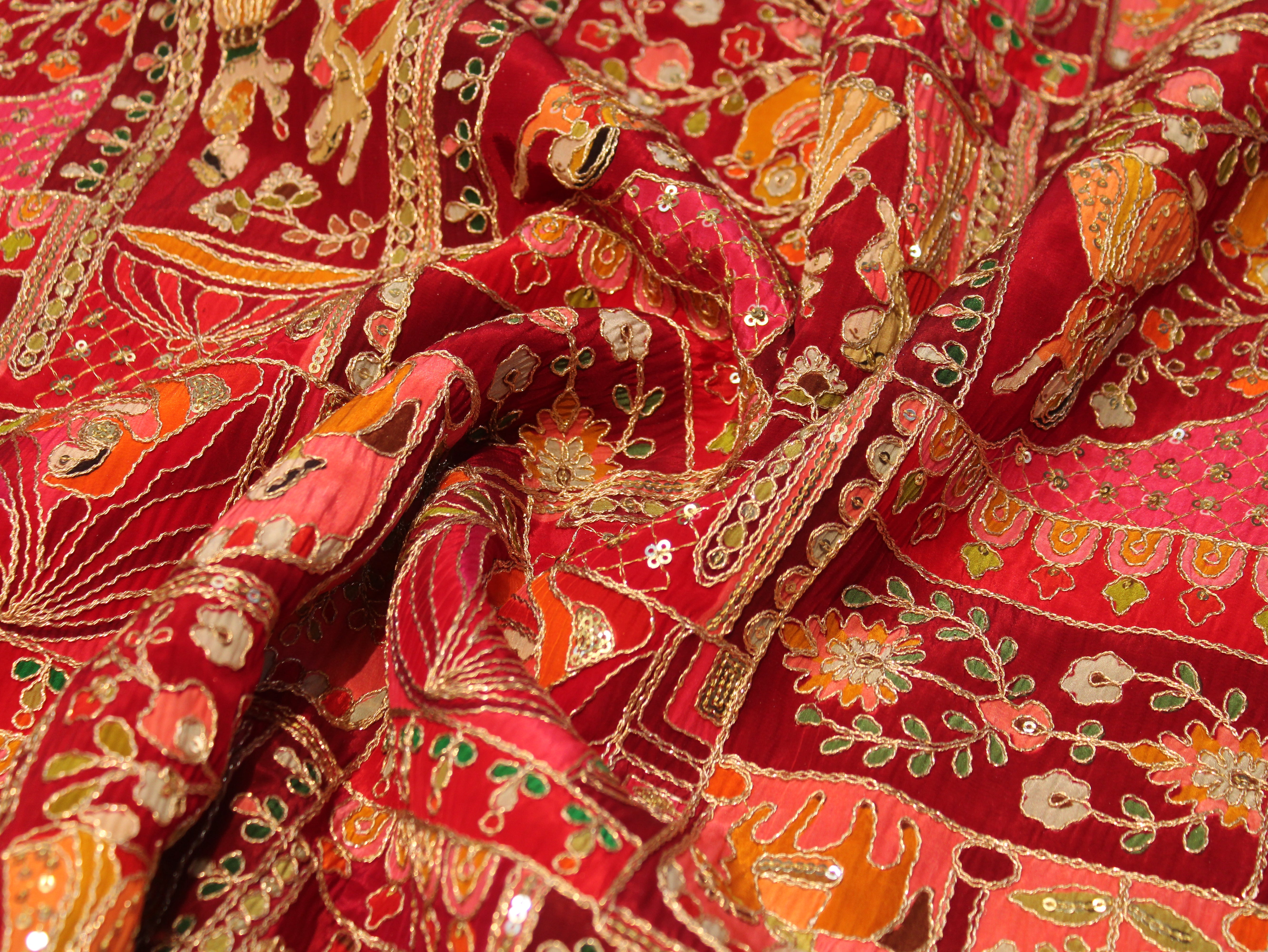 Natural Crepe Position Cording Work Fabric | Red