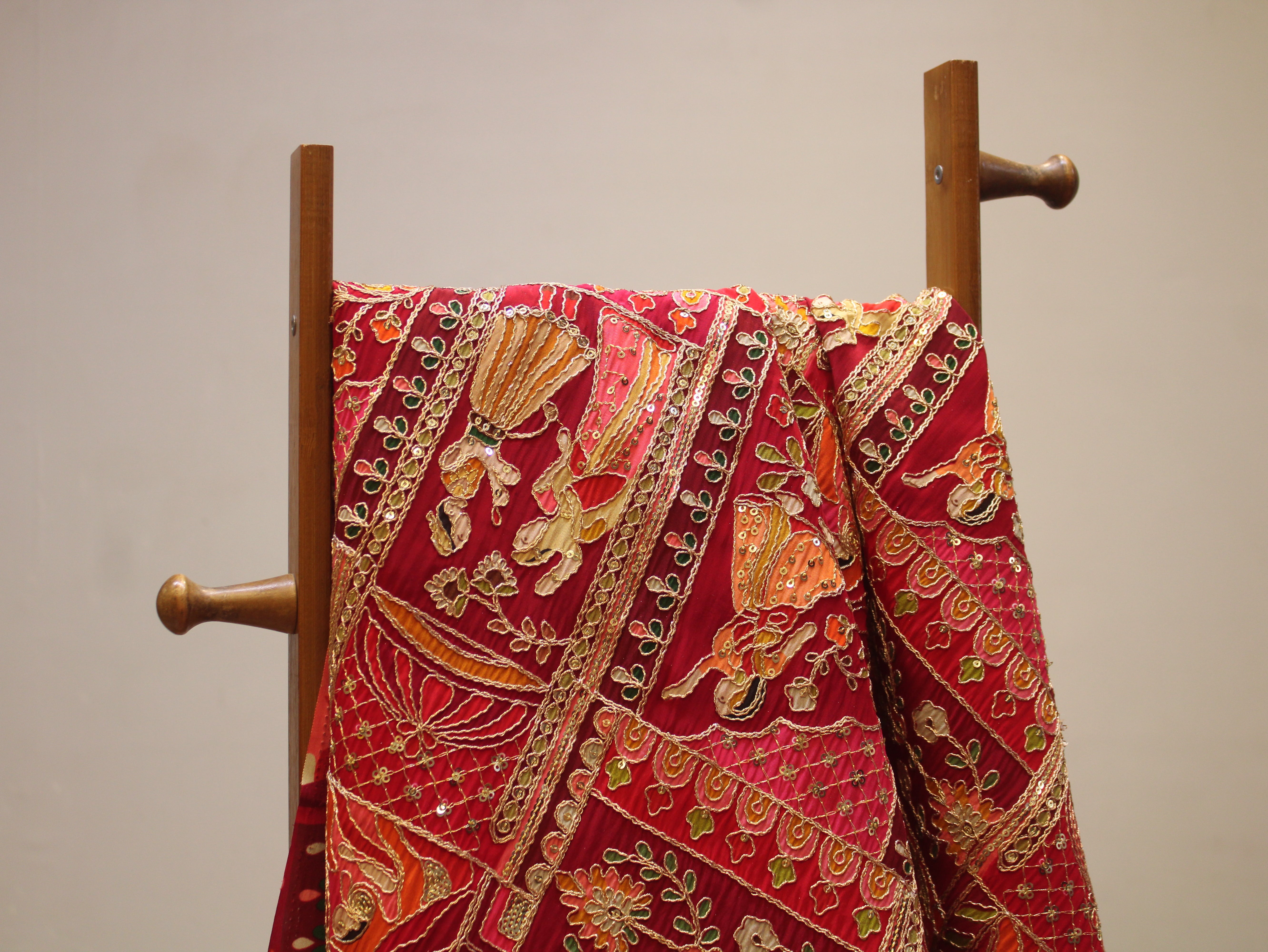 Natural Crepe Position Cording Work Fabric | Red