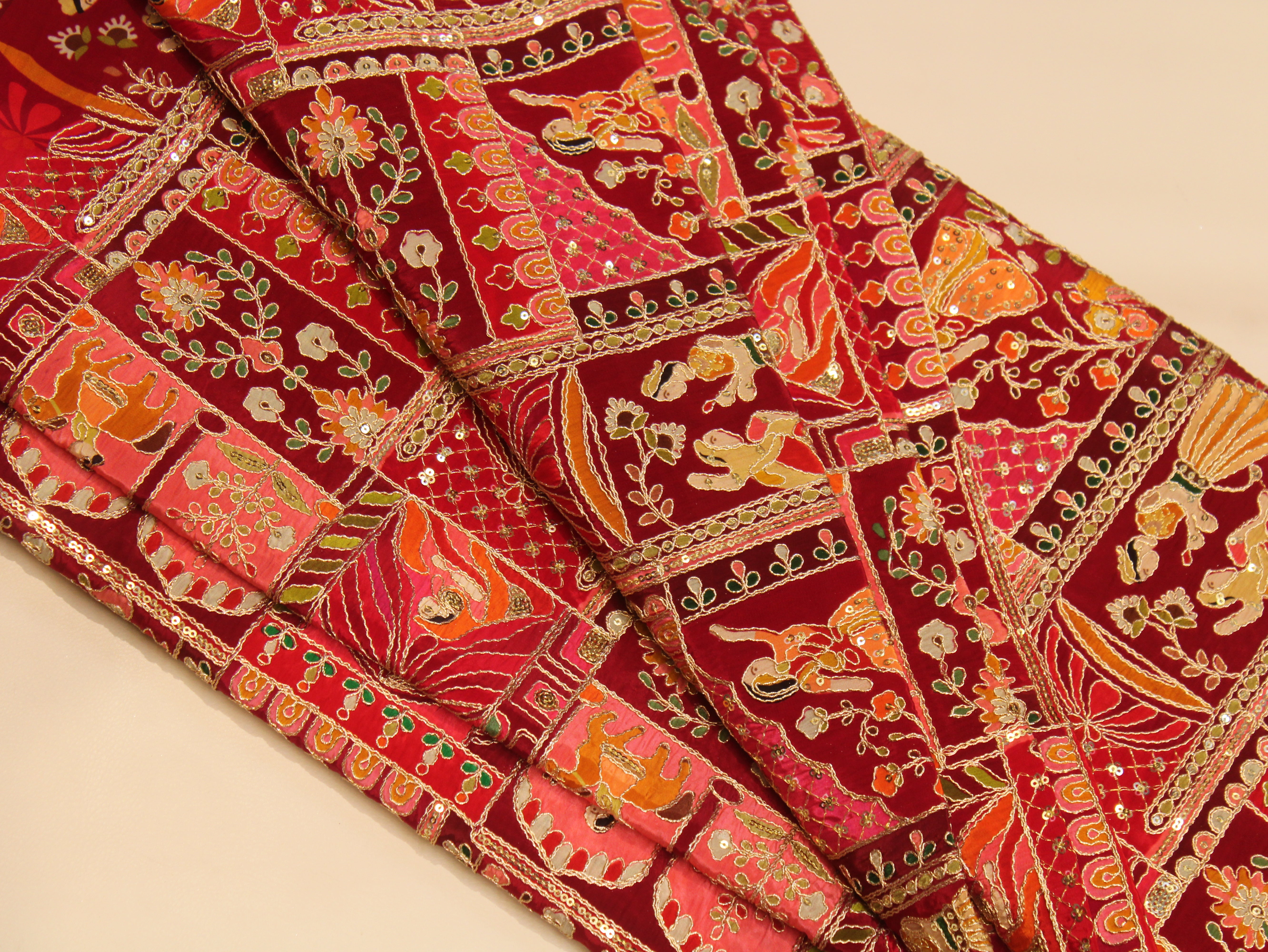 Natural Crepe Position Cording Work Fabric | Red