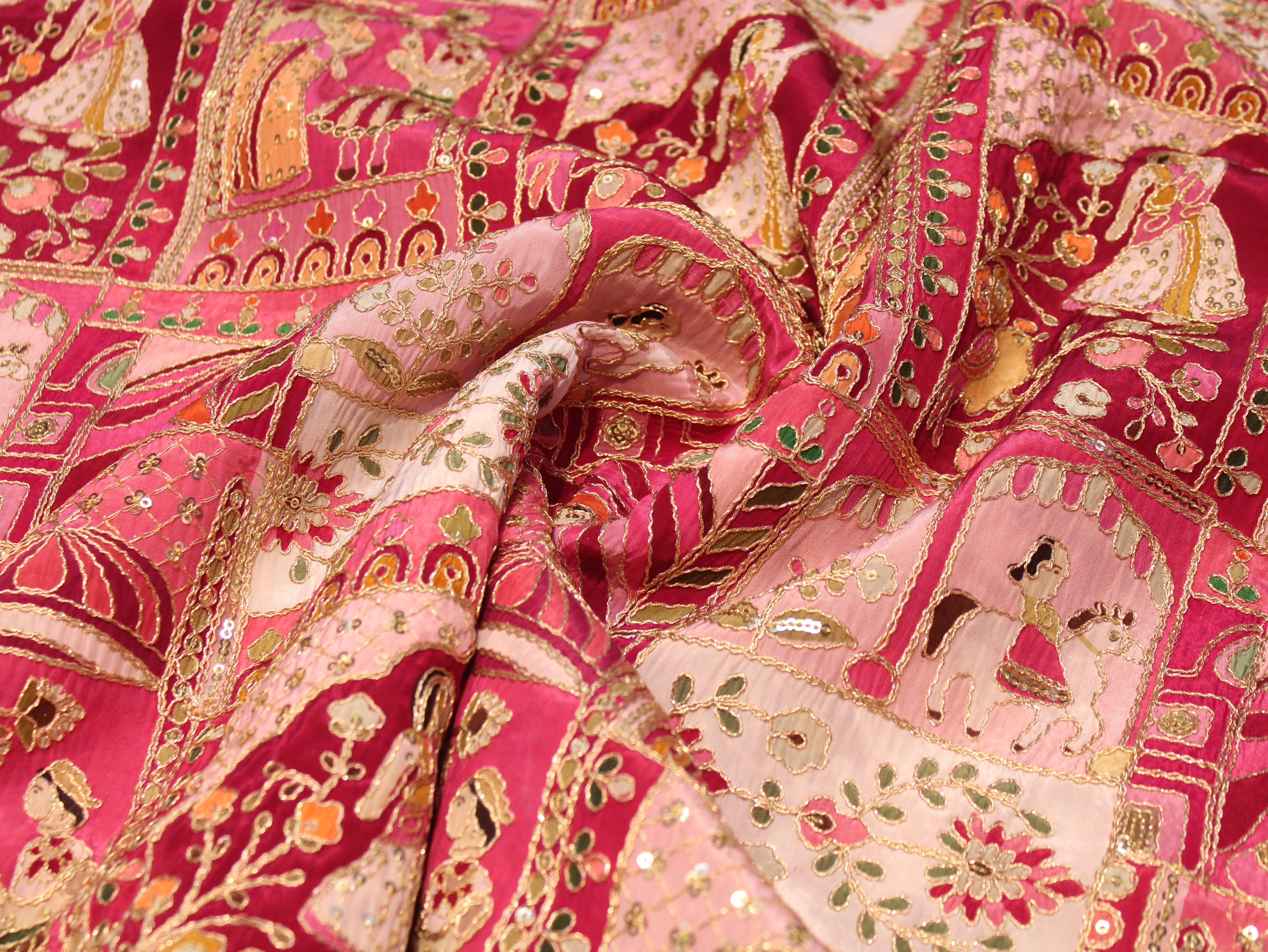 Natural Crepe Position Cording Work Fabric | Peach