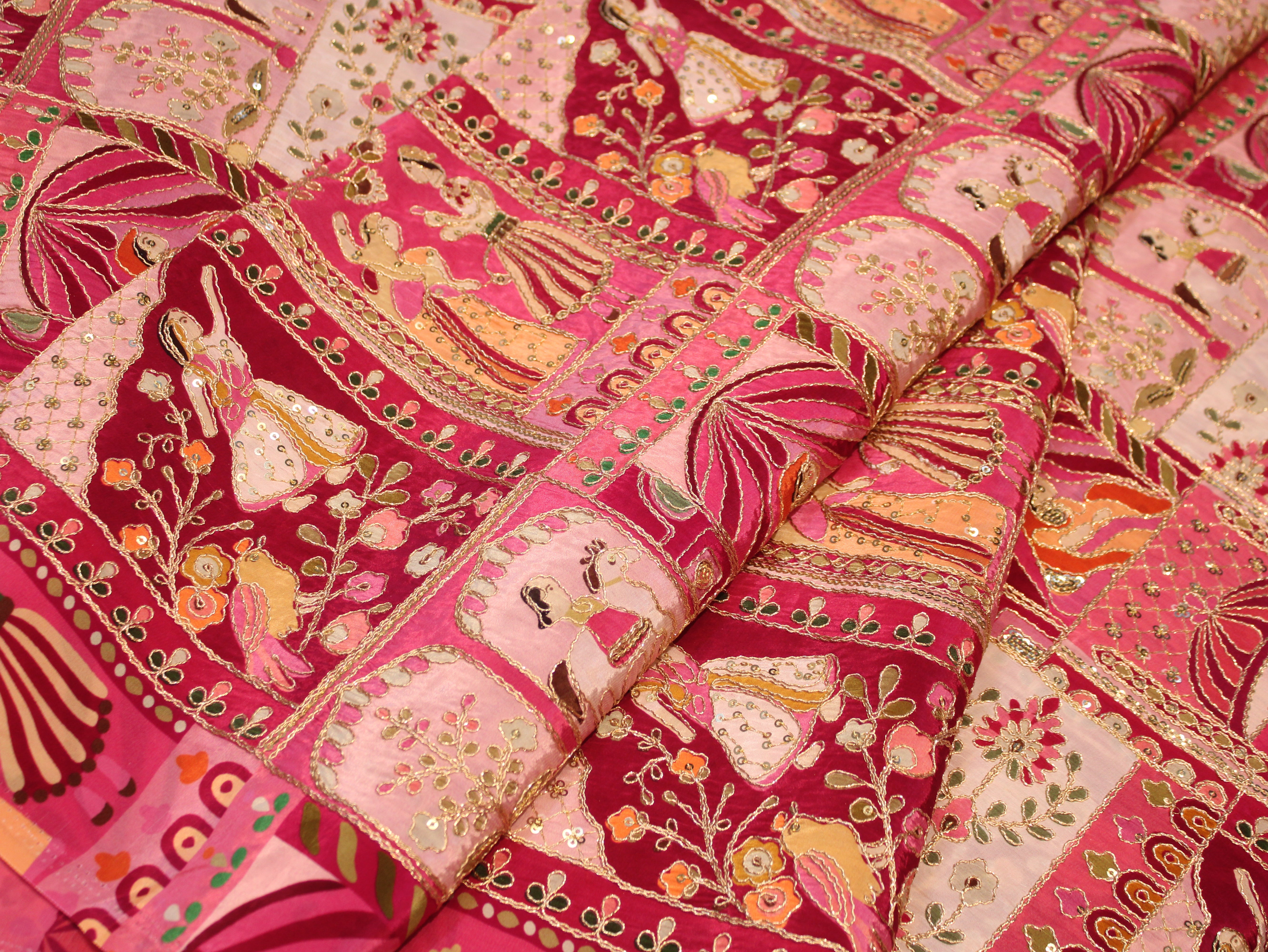 Natural Crepe Position Cording Work Fabric | Peach