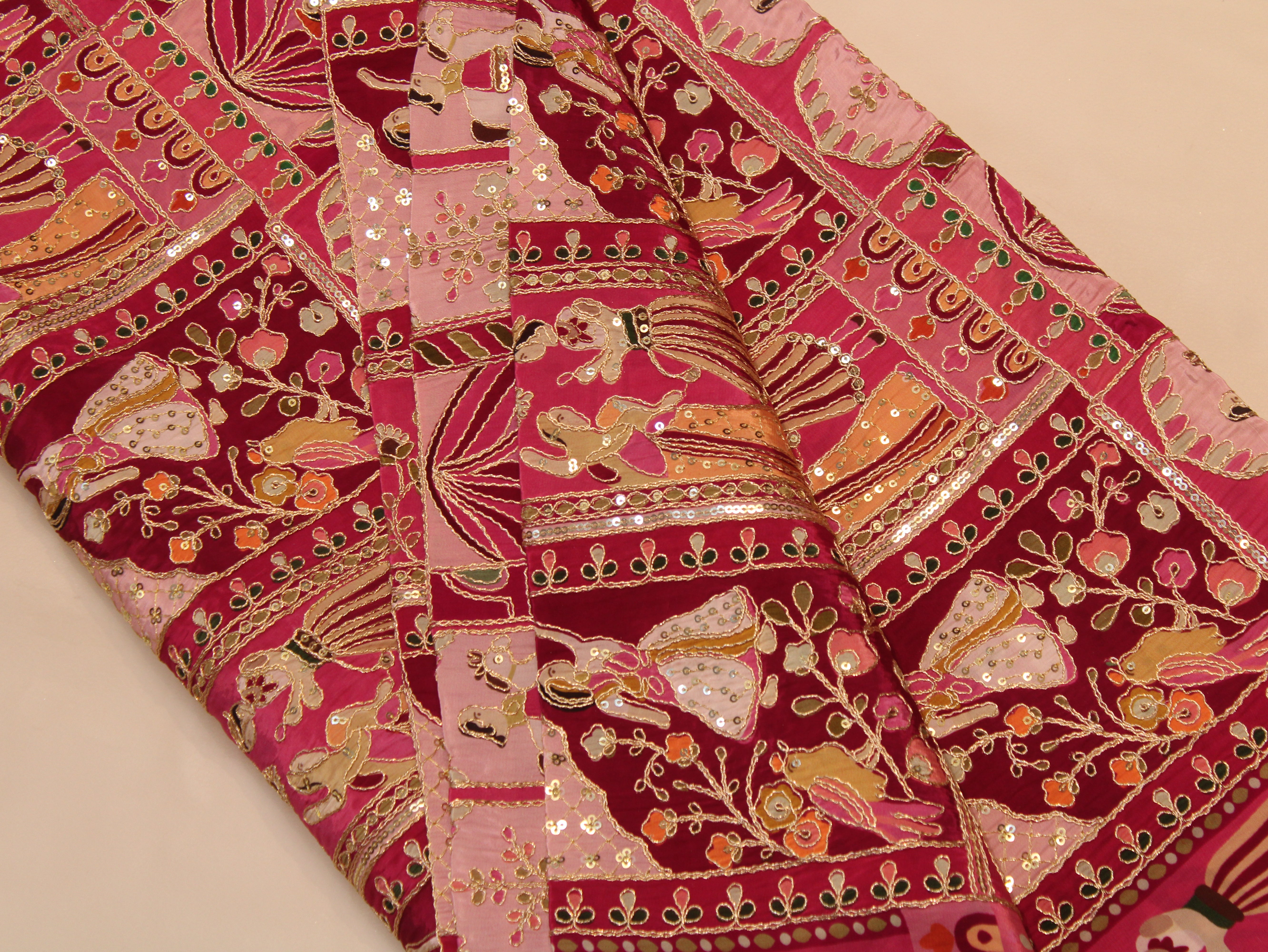 Natural Crepe Position Cording Work Fabric | Peach