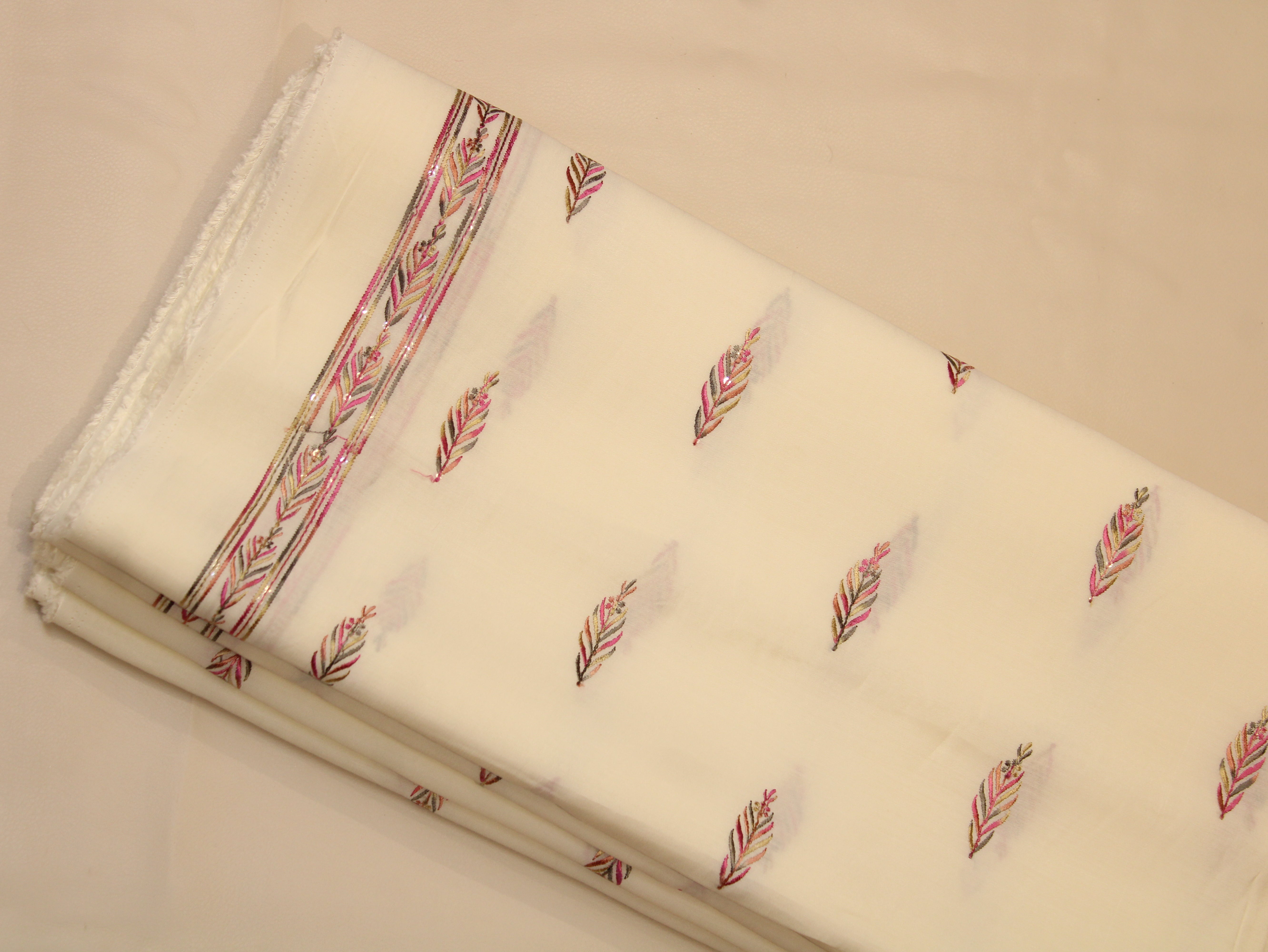 Pure Chanderi Silk Fabric for Kurta — Pink Embroidery