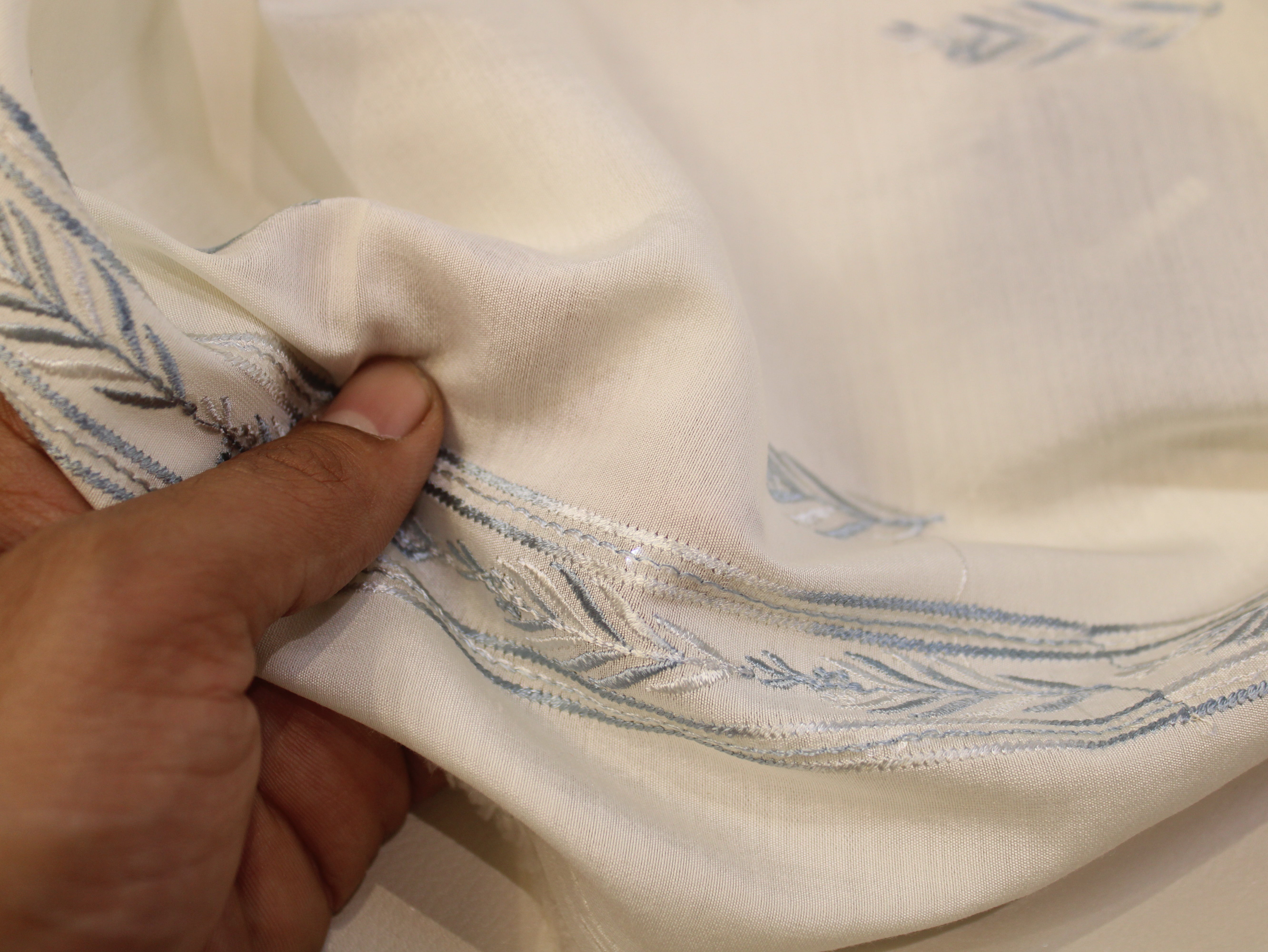 Pure Chanderi Silk Fabric for Kurta — Blue Embroidery
