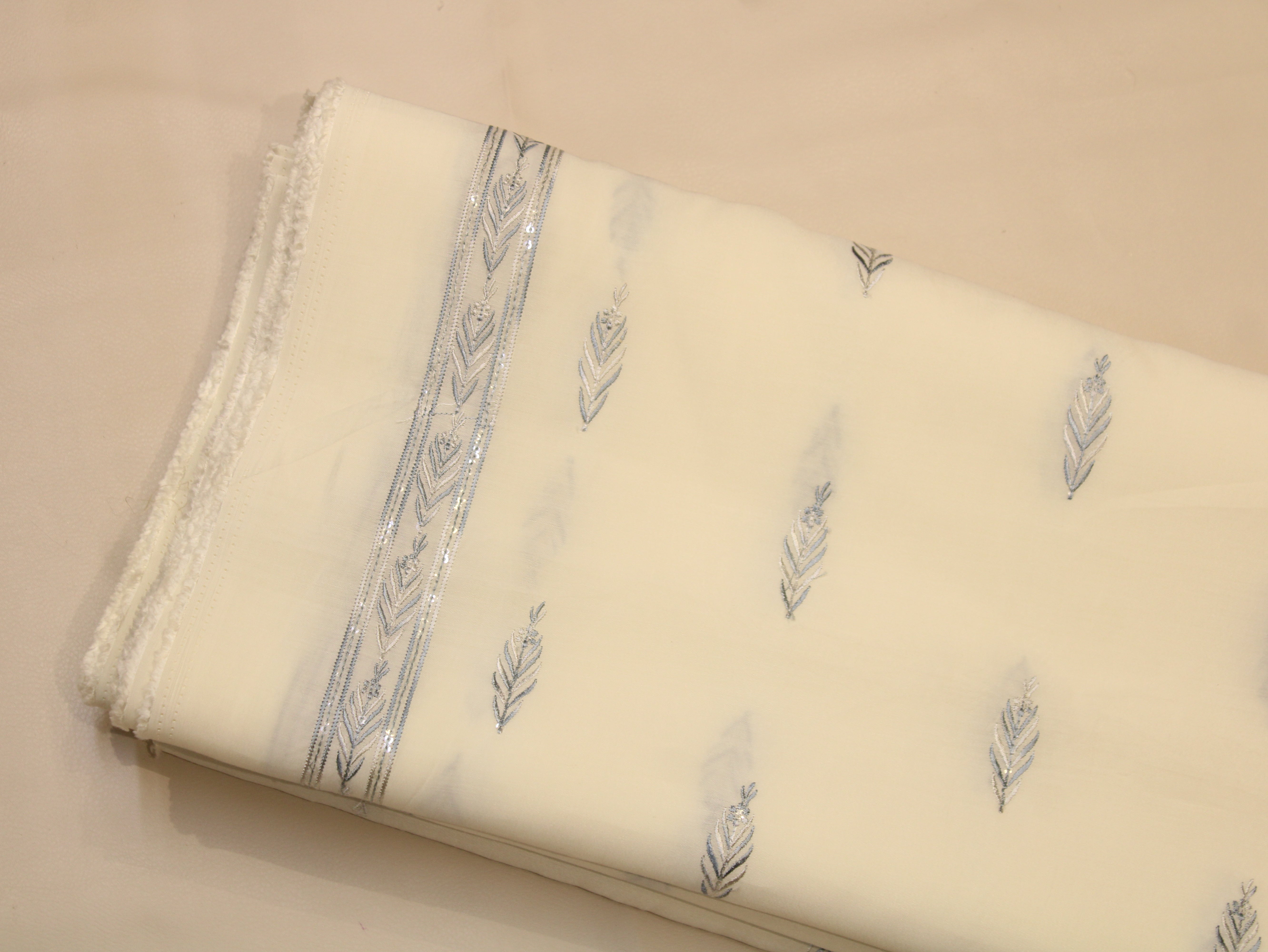 Pure Chanderi Silk Fabric for Kurta — Blue Embroidery