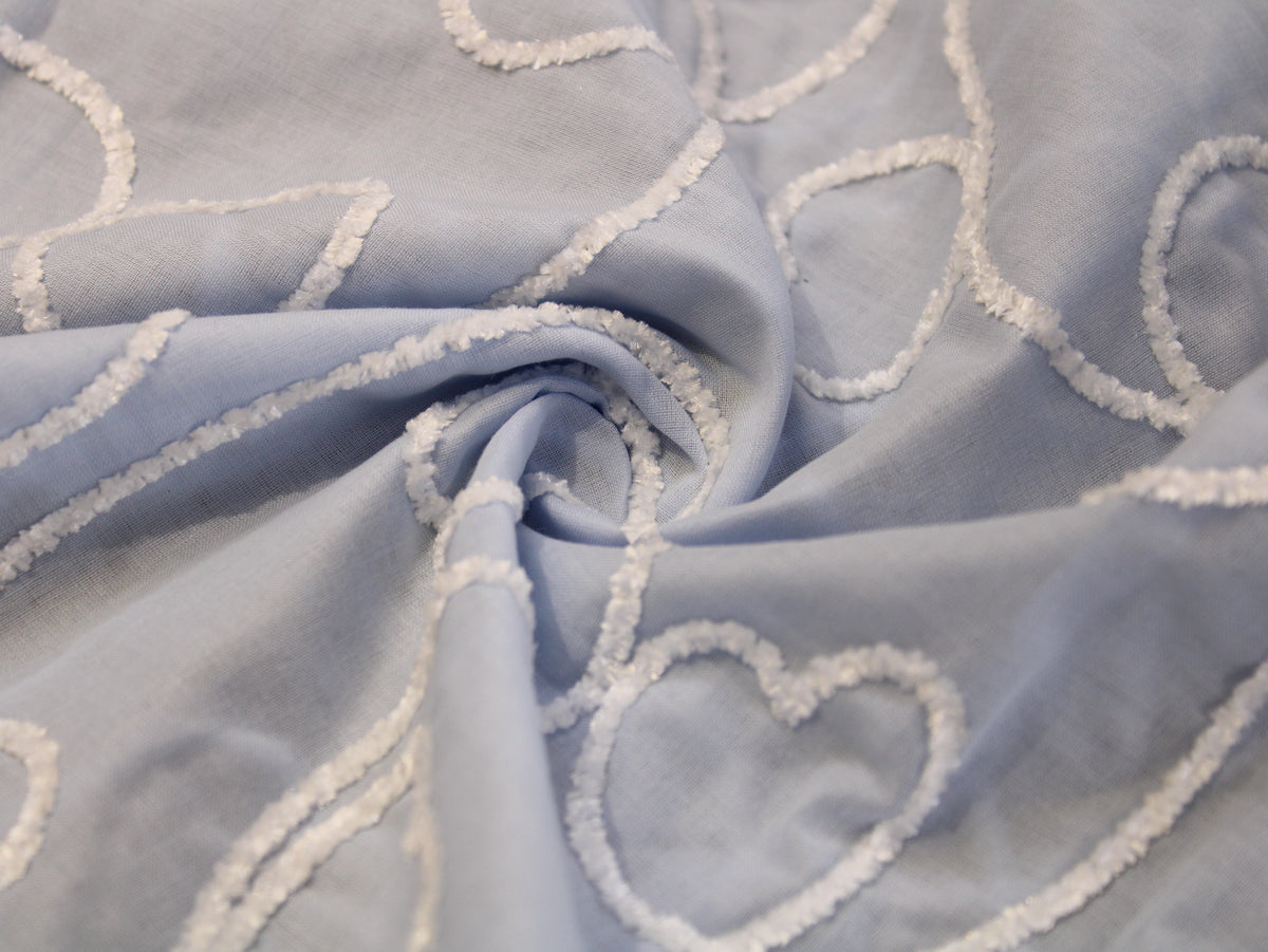 Cotton Cord Embroidery Fabric — Powder Blue | Heart Motif | M'Foks