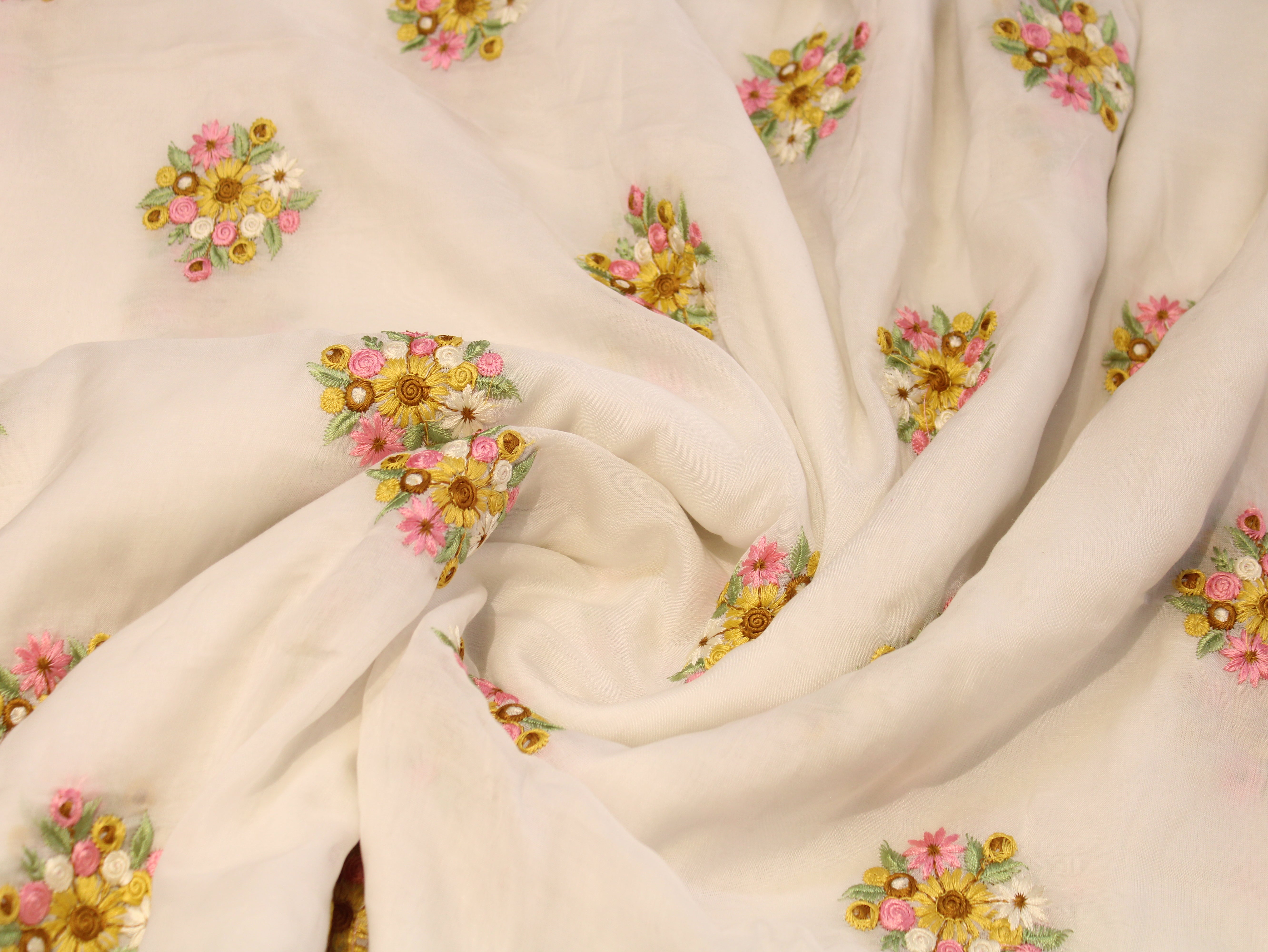 Mal Chanderi Fabric with Floral Bouquet Embroidery — Off-White | Multicolour | 44 Inch
