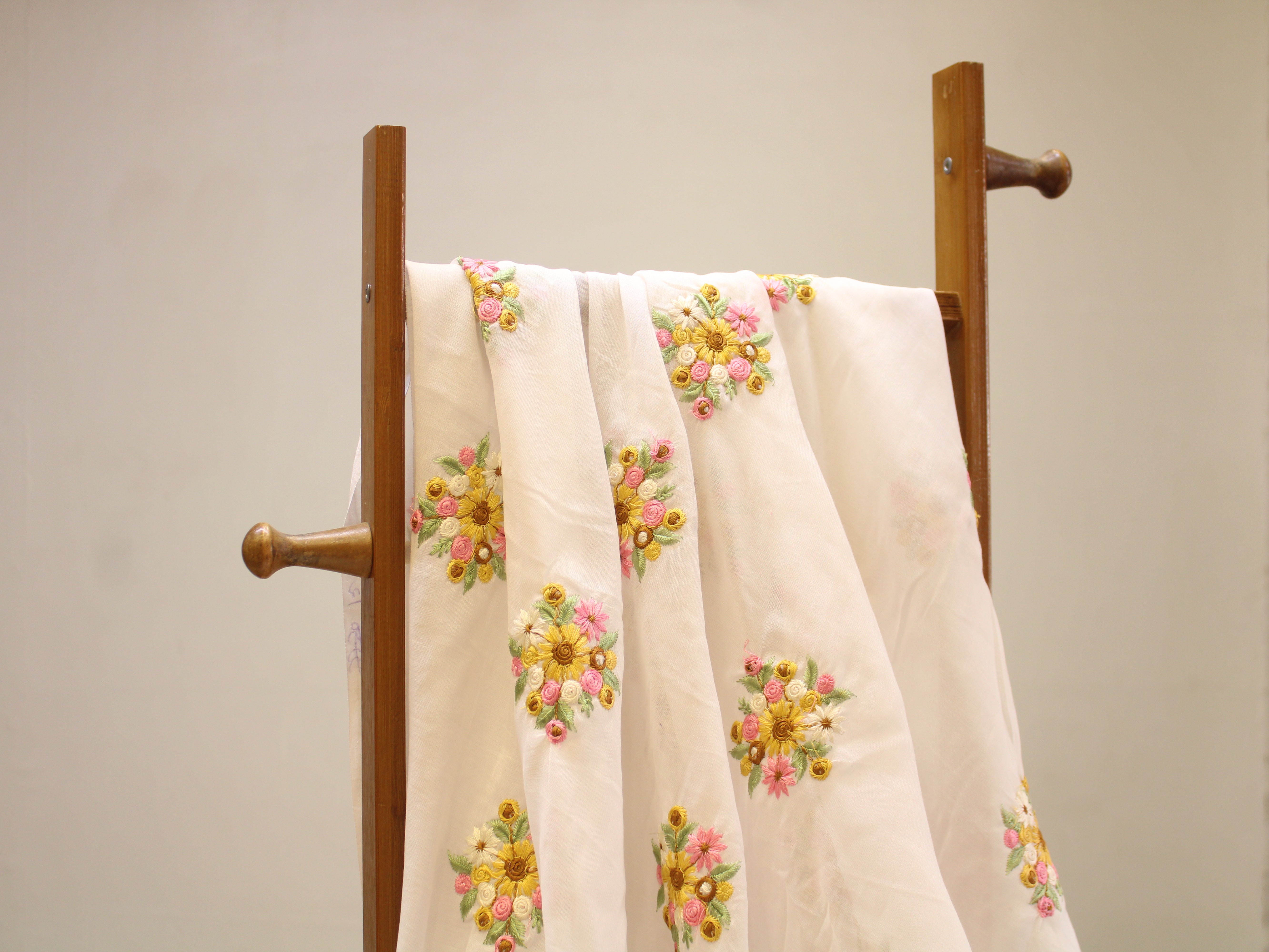 Mal Chanderi Fabric with Floral Bouquet Embroidery — Off-White | Multicolour | 44 Inch