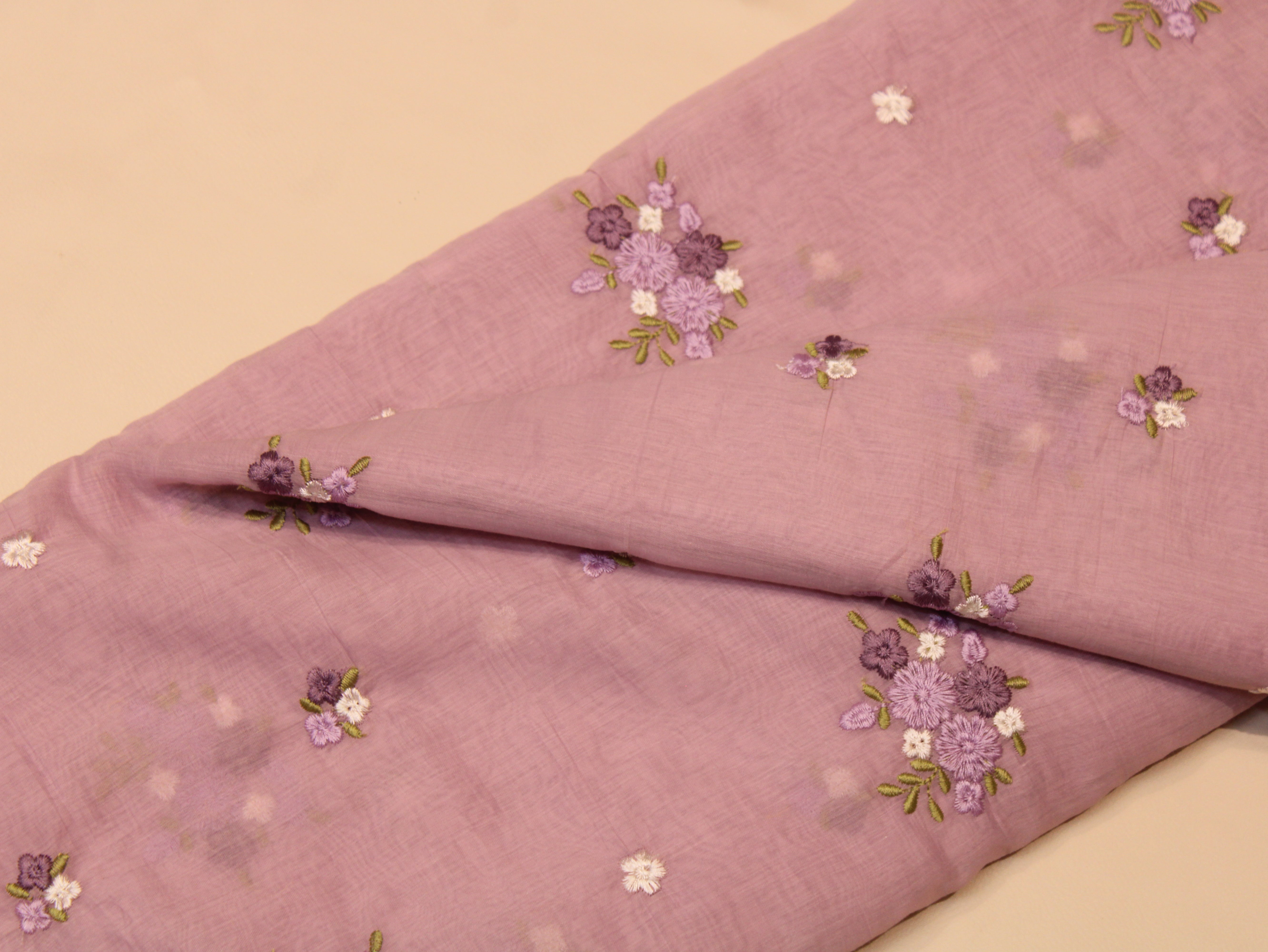 Mal Chanderi Fabric with Floral Bouquet Embroidery — Mauve