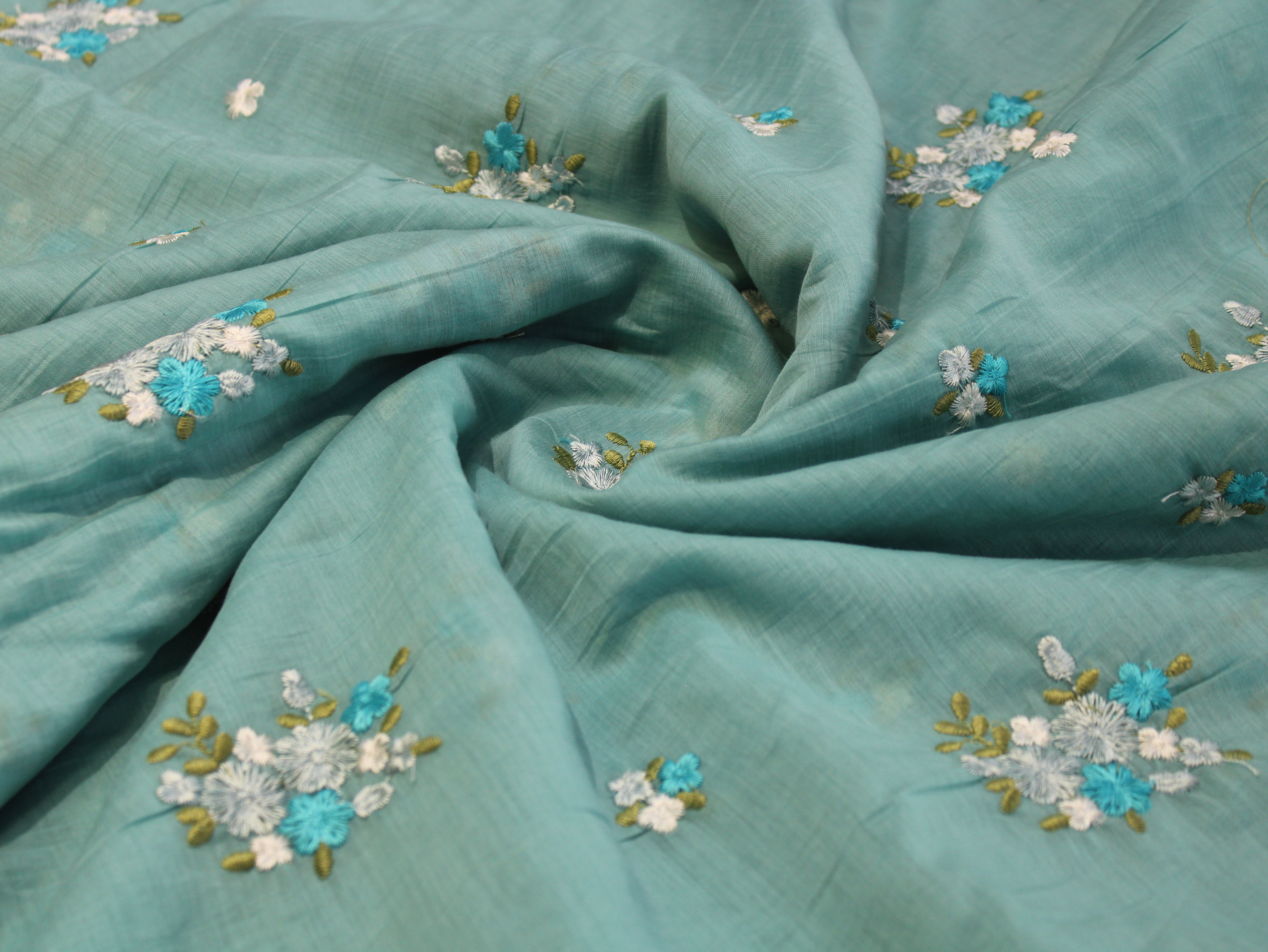 Mal Chanderi Fabric with Floral Bouquet Embroidery — Sea Blue