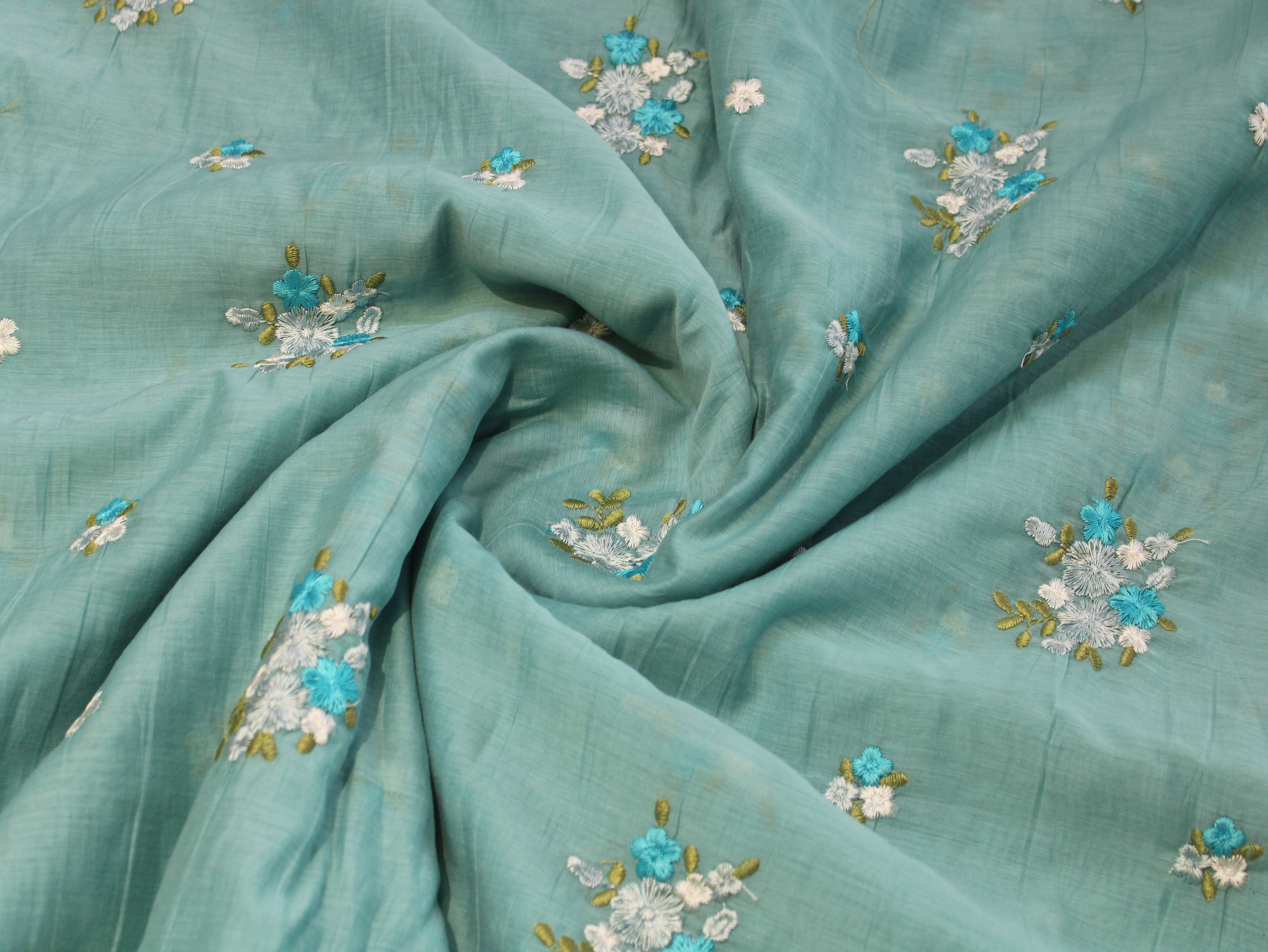 Mal Chanderi Fabric with Floral Bouquet Embroidery — Sea Blue
