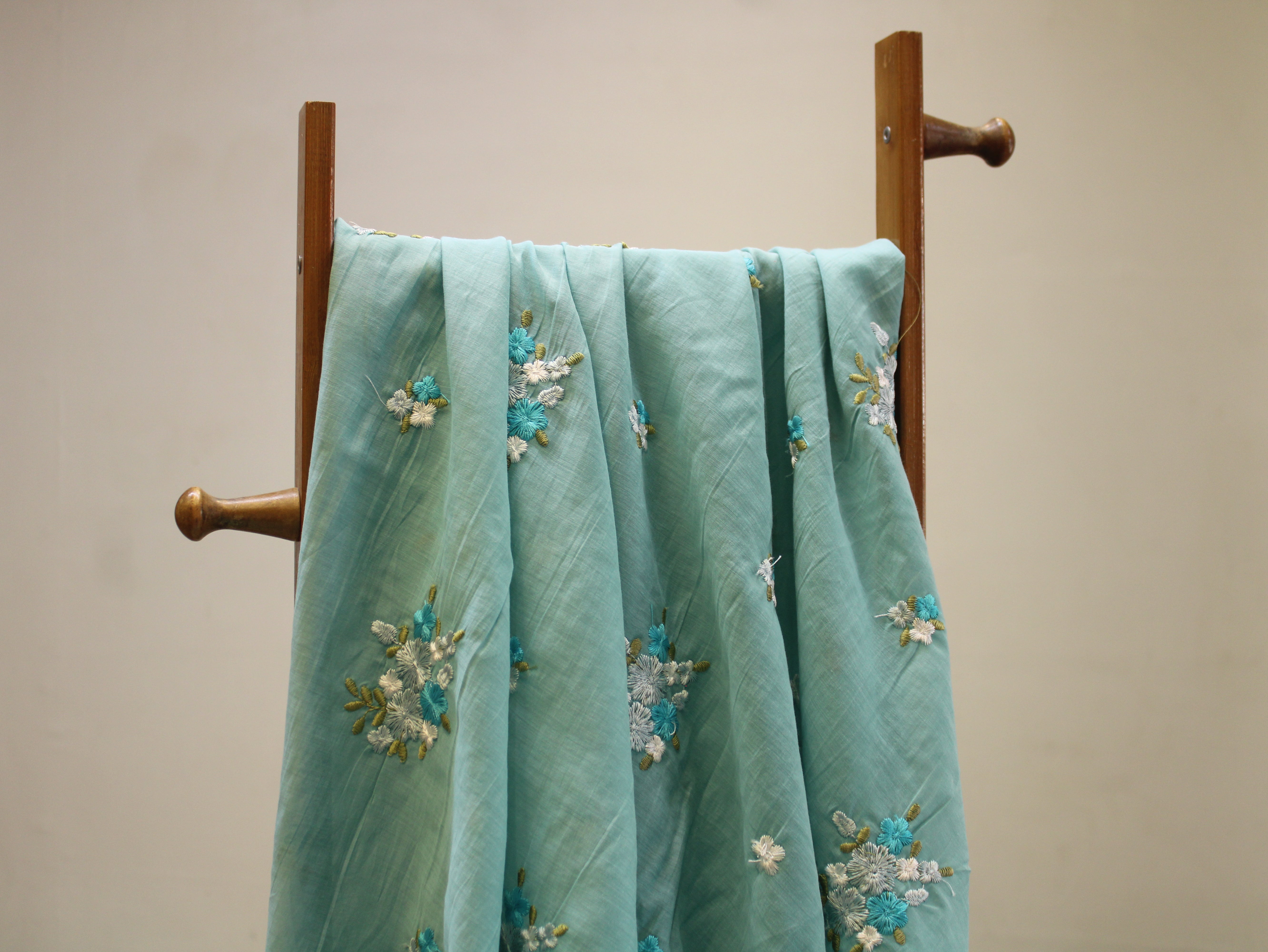 Mal Chanderi Fabric with Floral Bouquet Embroidery — Sea Blue