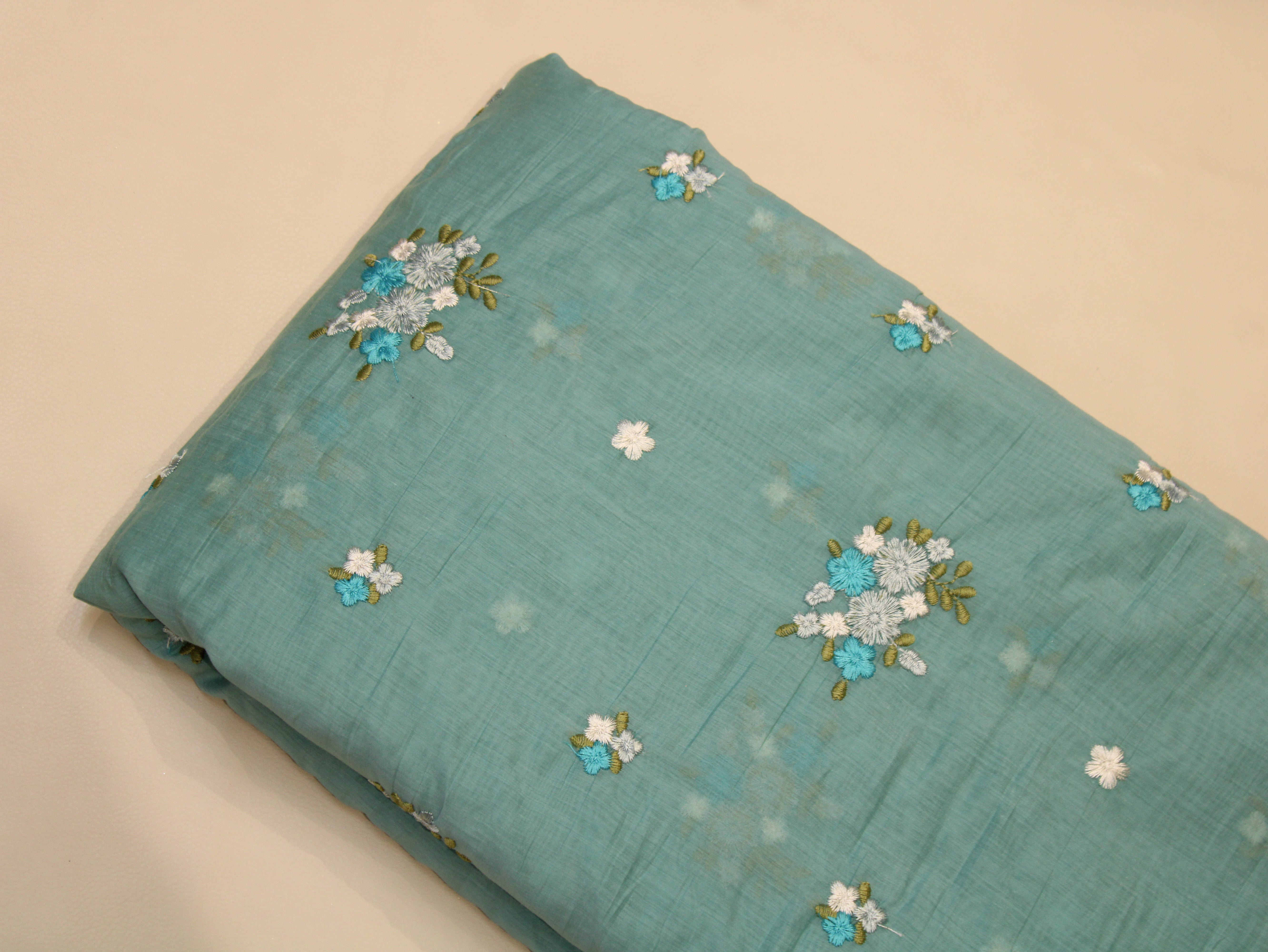 Mal Chanderi Fabric with Floral Bouquet Embroidery — Sea Blue