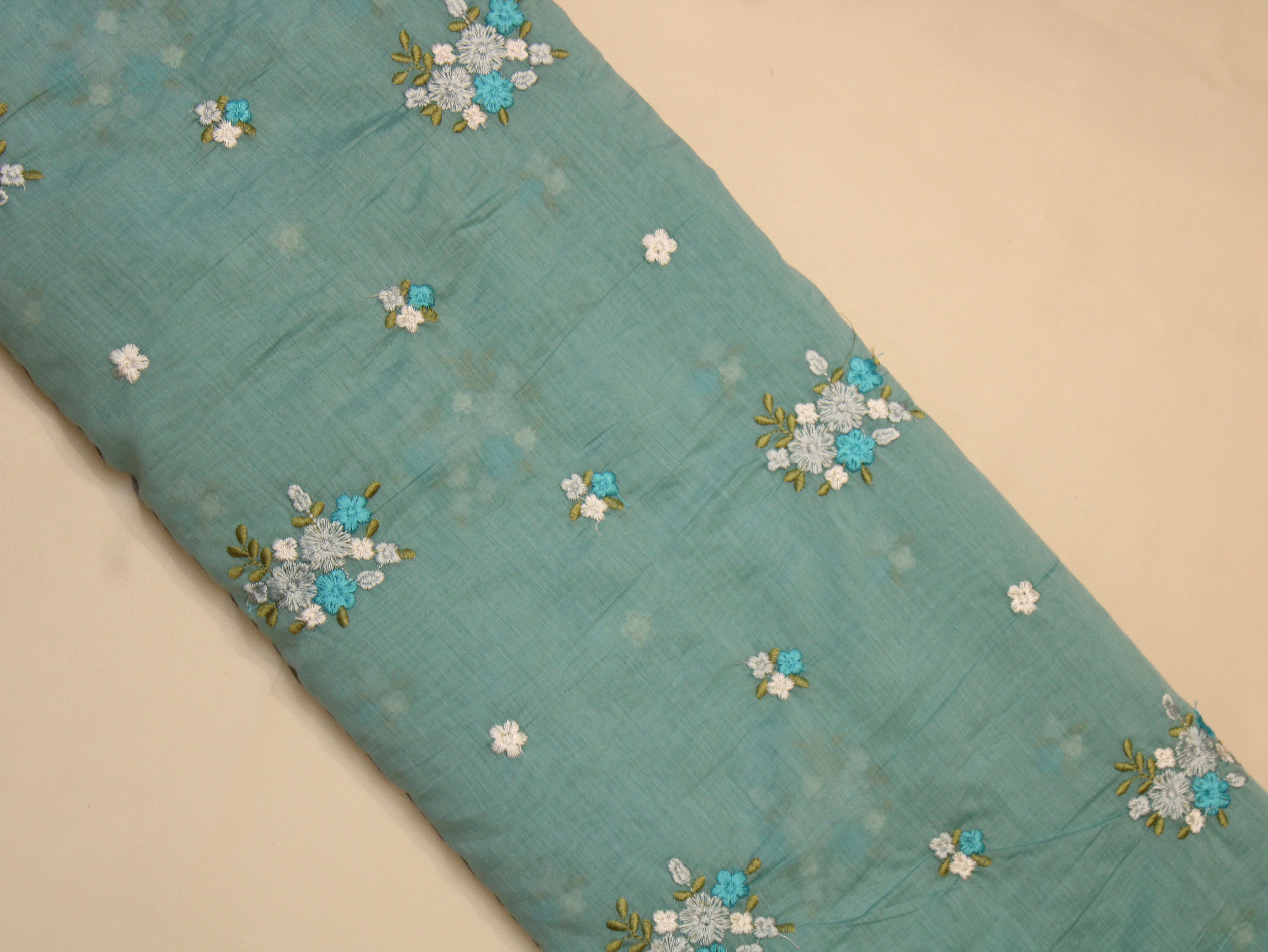 Mal Chanderi Fabric with Floral Bouquet Embroidery — Sea Blue
