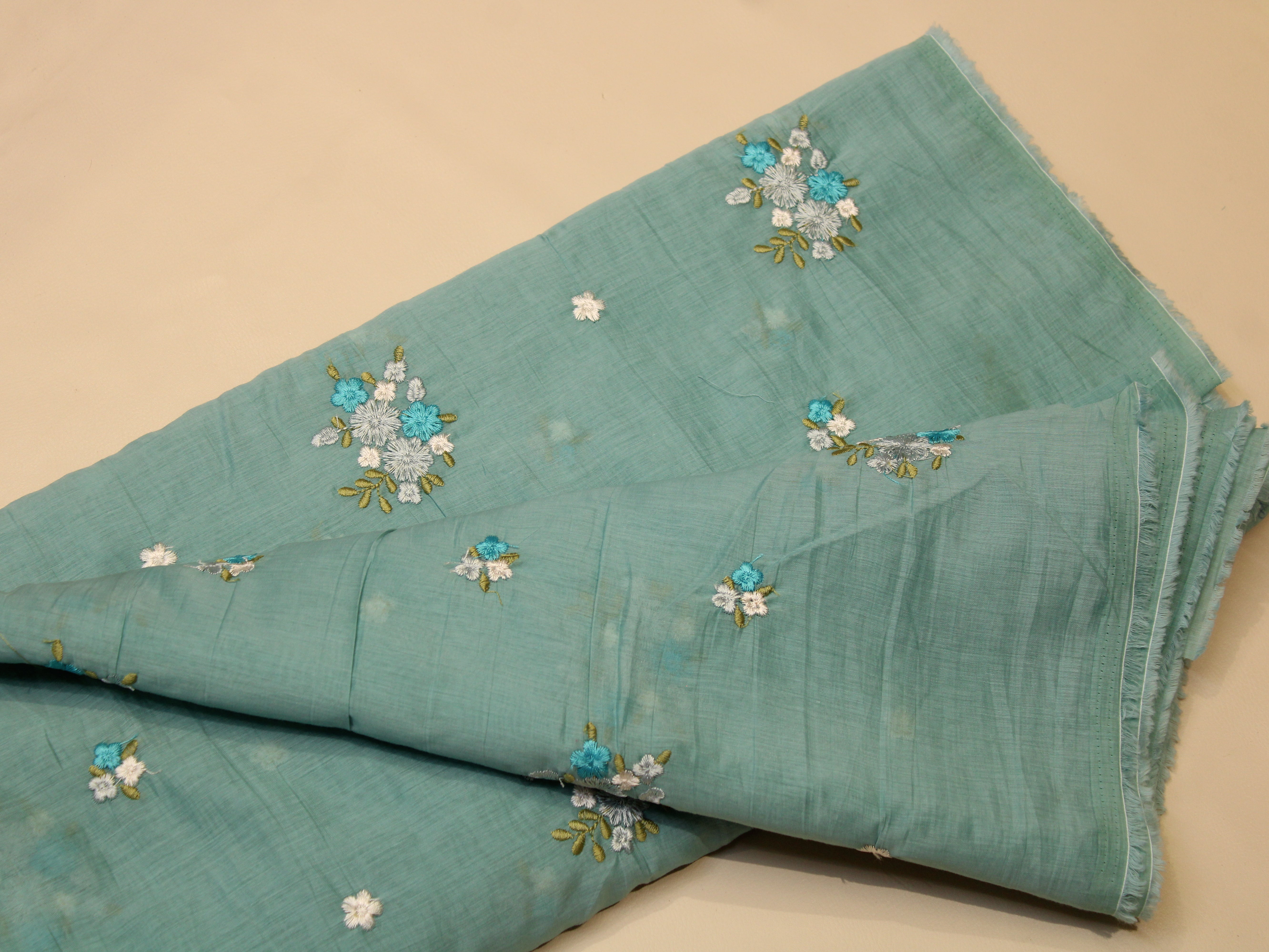Mal Chanderi Fabric with Floral Bouquet Embroidery — Sea Blue