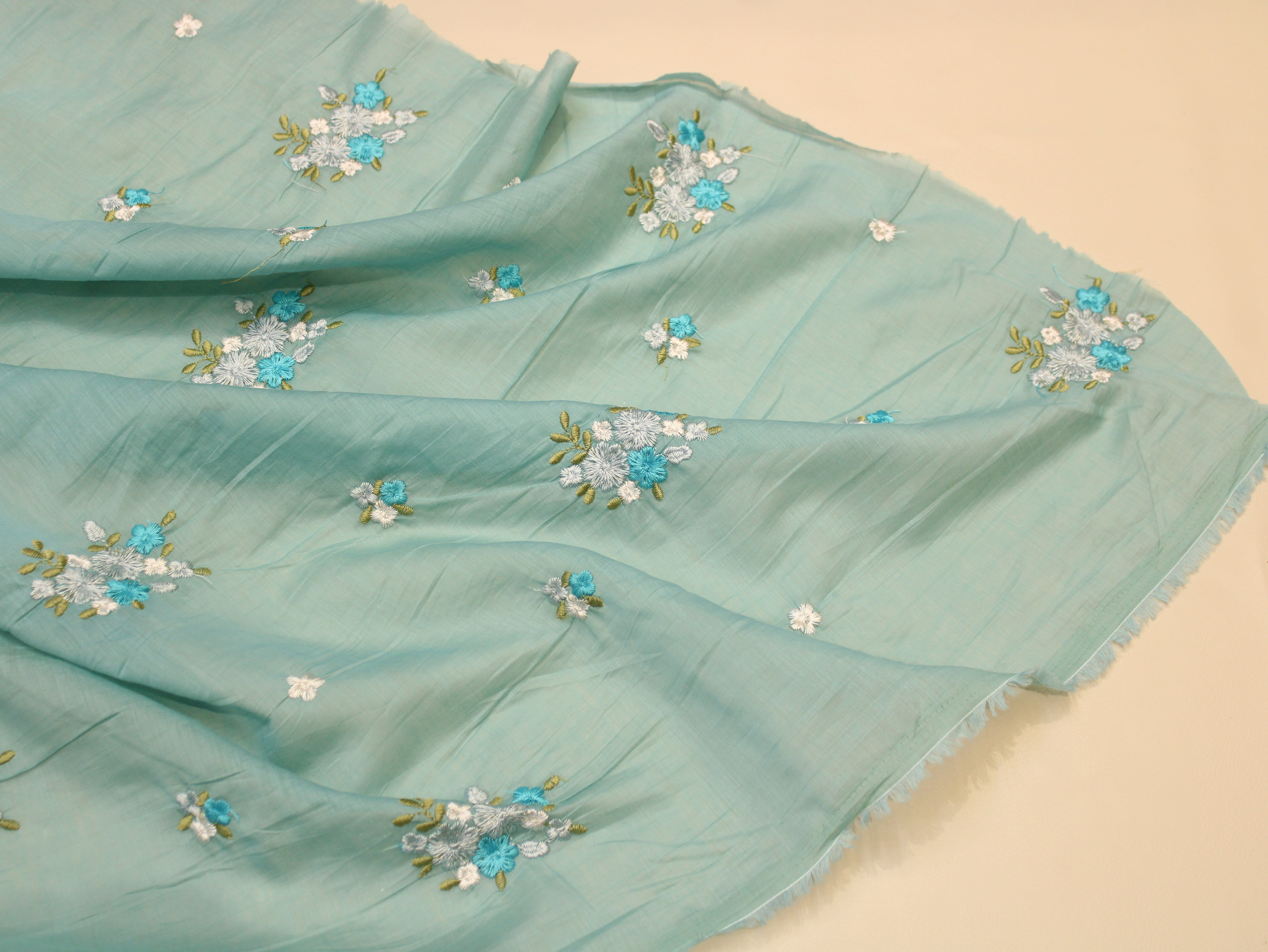Mal Chanderi Fabric with Floral Bouquet Embroidery — Sea Blue