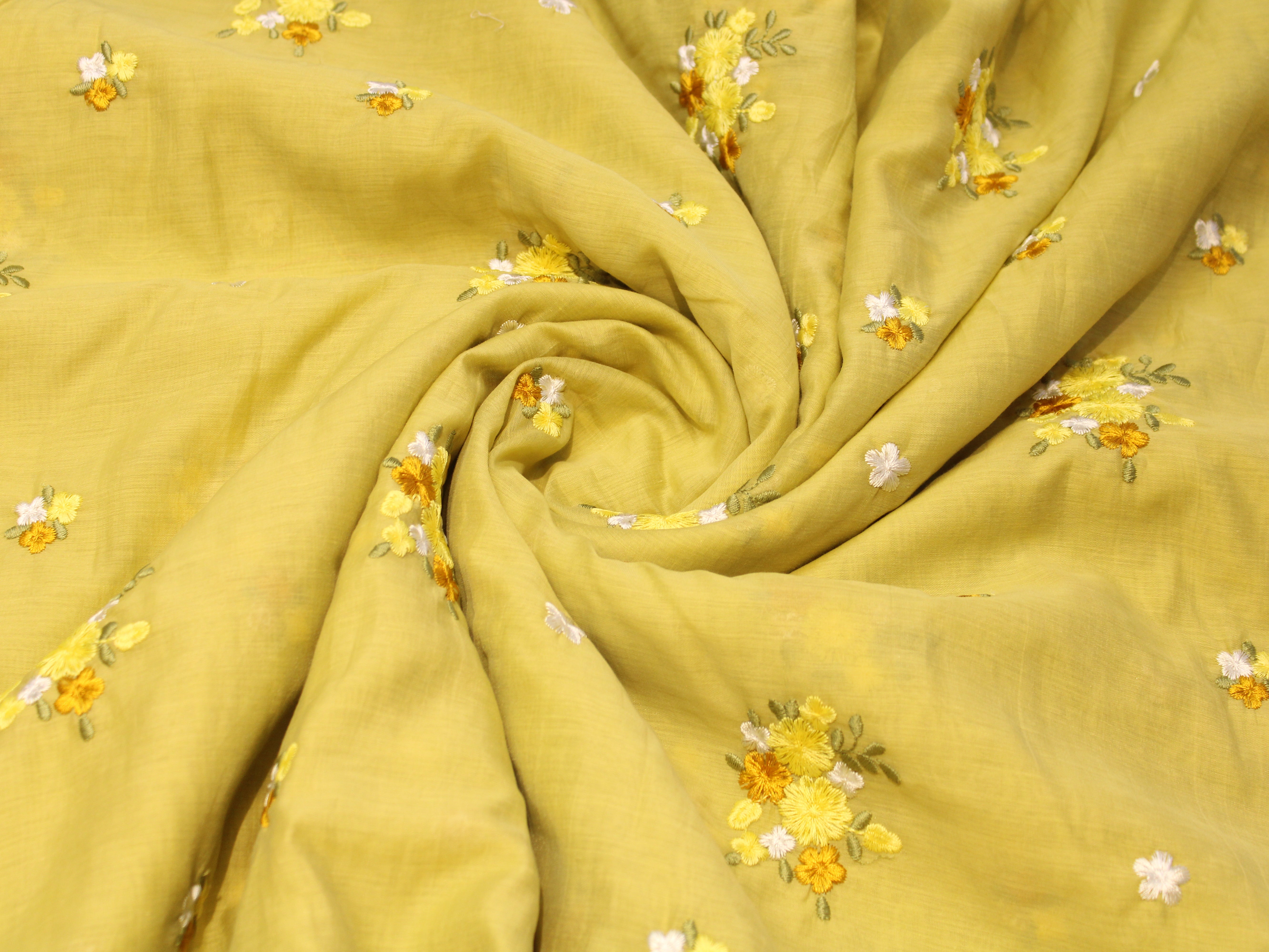 Mal Chanderi Fabric with Floral Bouquet Embroidery — Pastel Yellow
