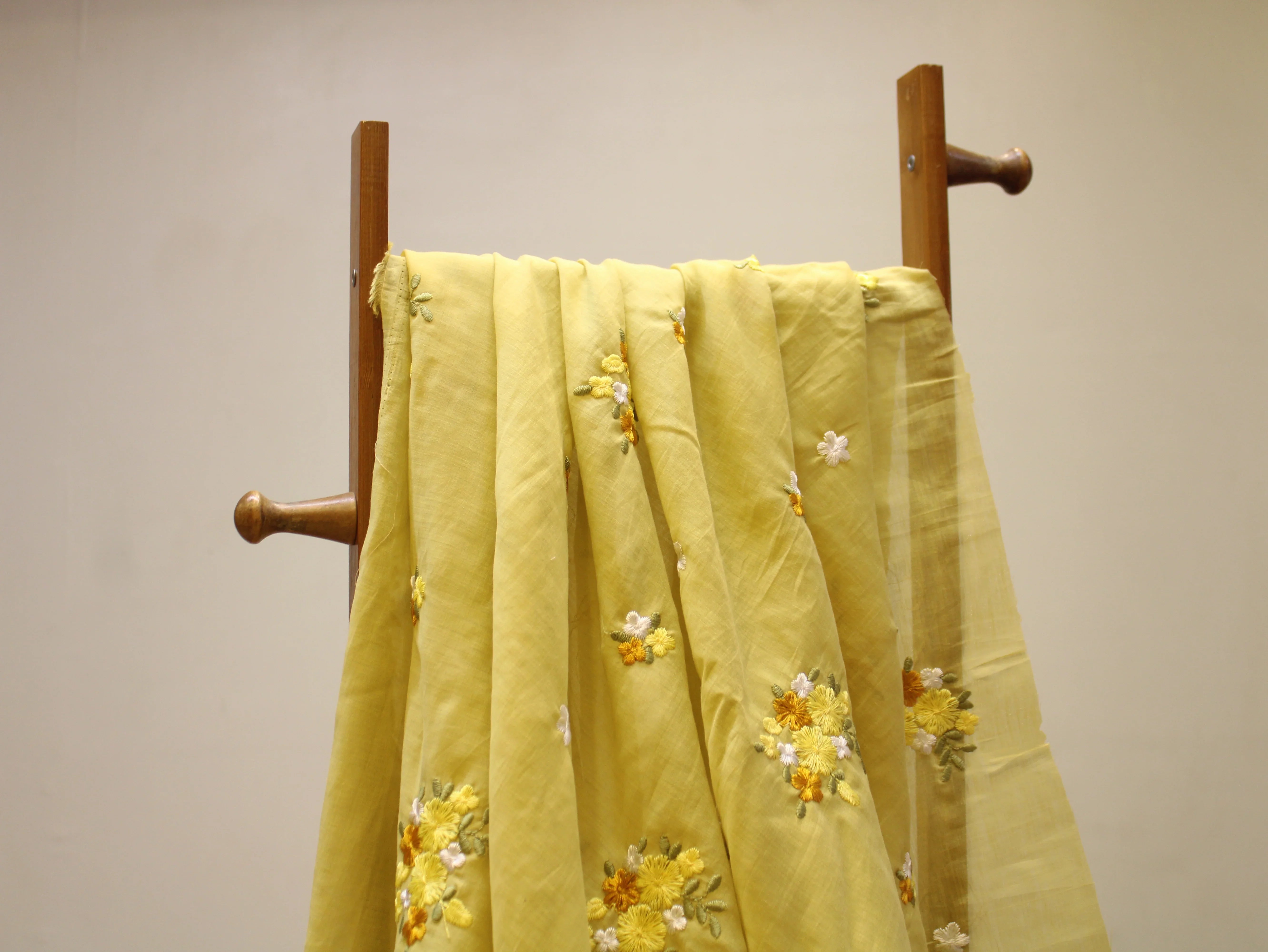 Mal Chanderi Fabric with Floral Bouquet Embroidery — Pastel Yellow