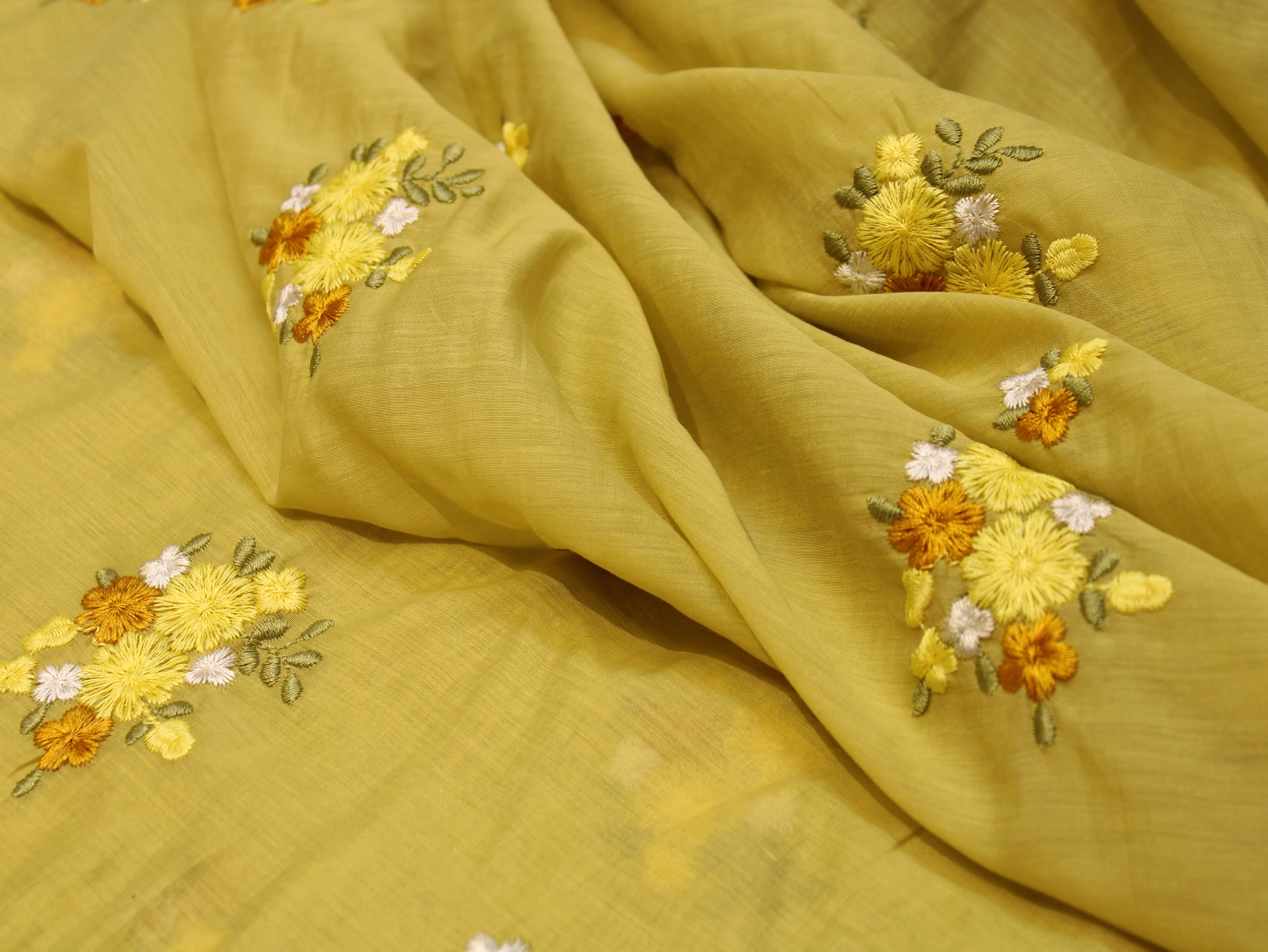 Mal Chanderi Fabric with Floral Bouquet Embroidery — Pastel Yellow