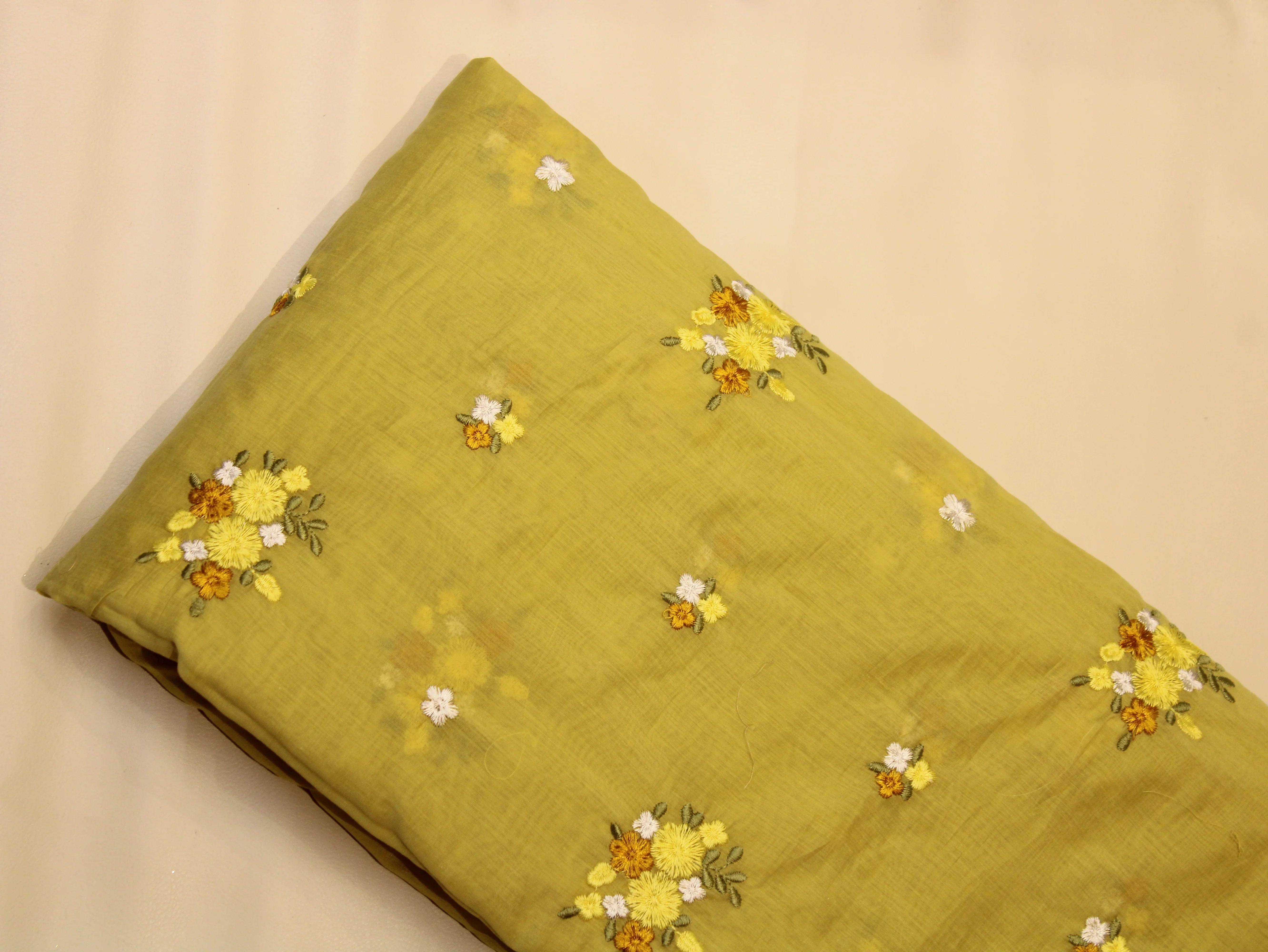 Mal Chanderi Fabric with Floral Bouquet Embroidery — Pastel Yellow