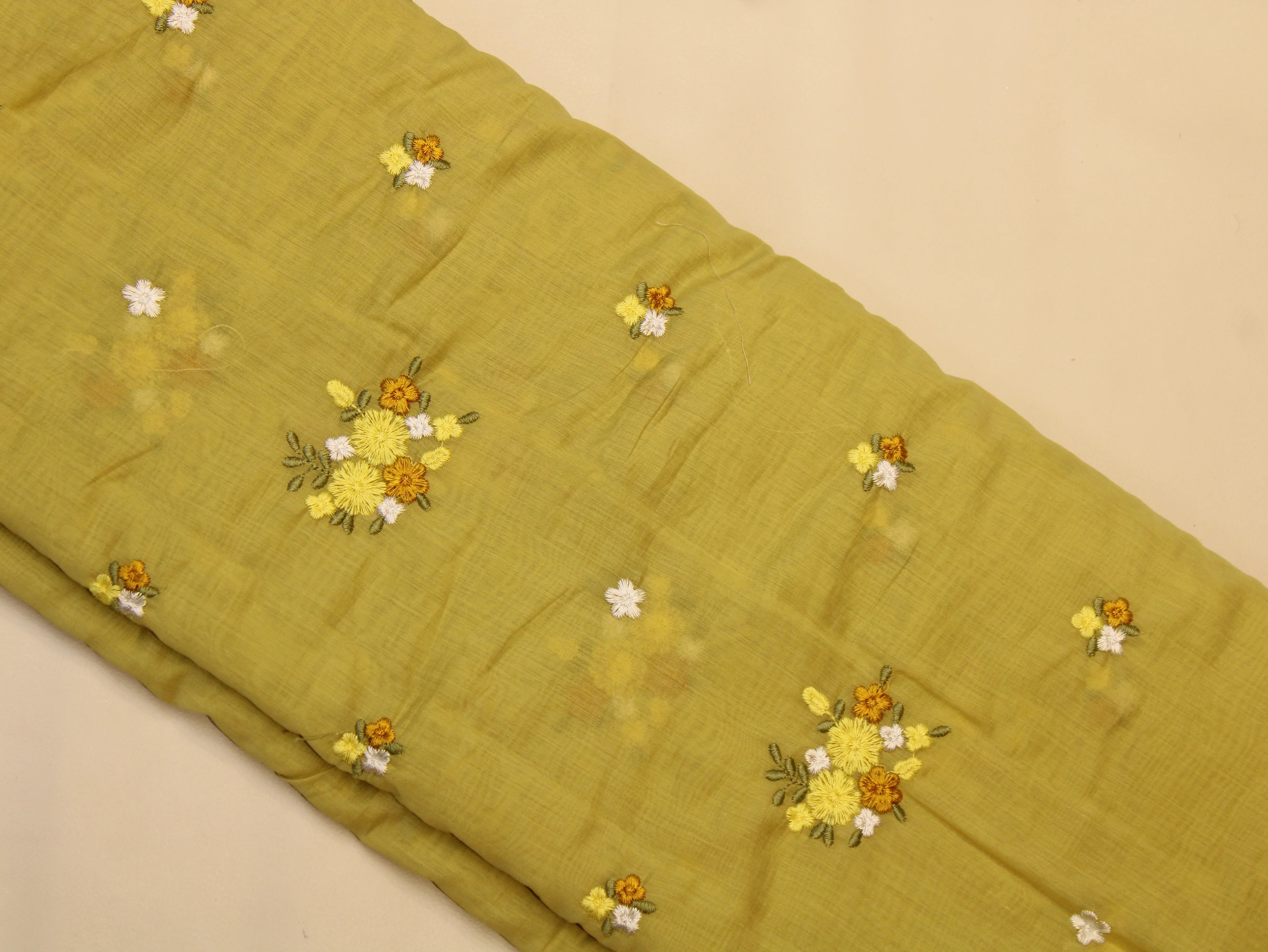 Mal Chanderi Fabric with Floral Bouquet Embroidery — Pastel Yellow
