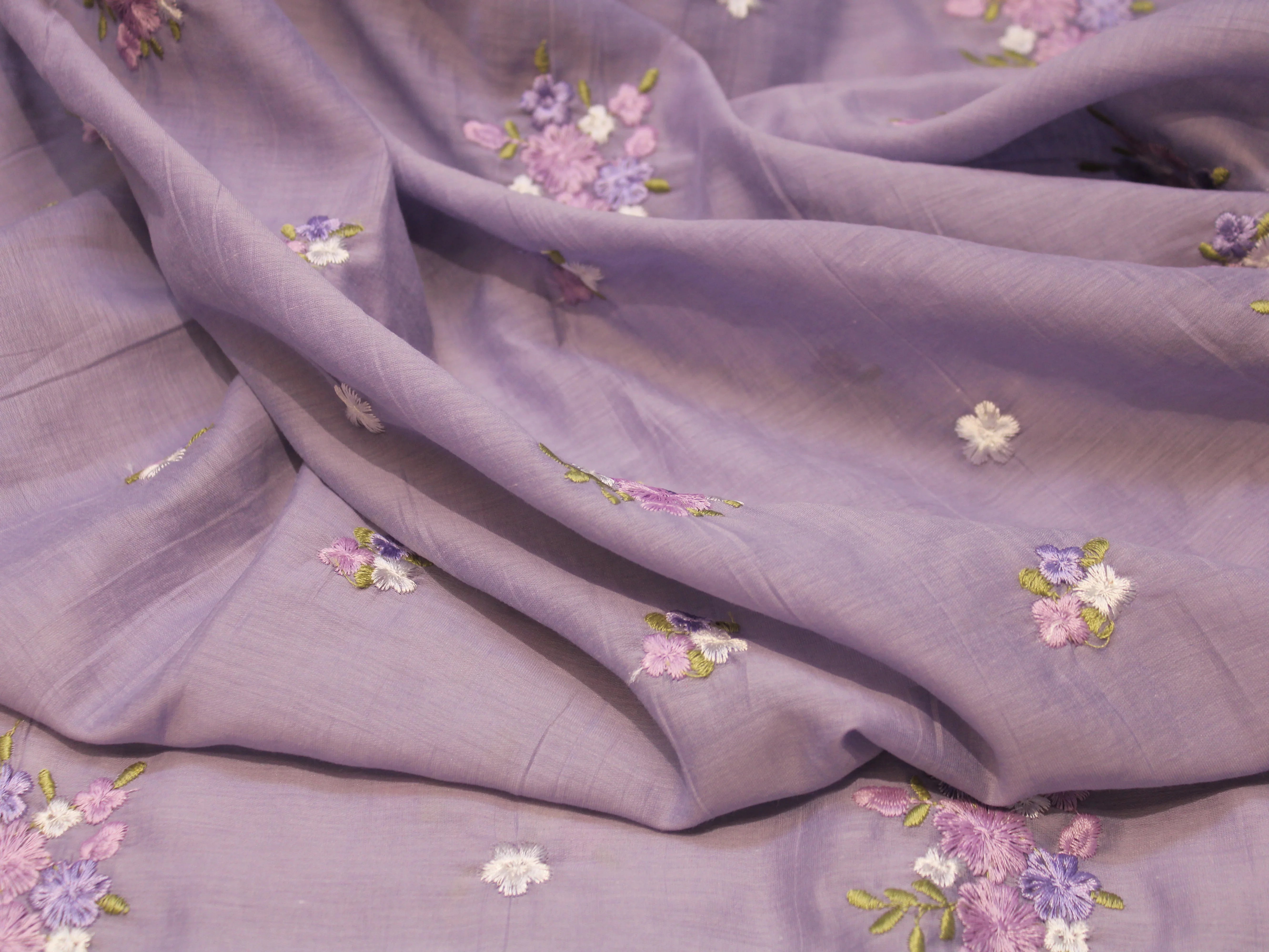 Mal Chanderi Fabric with Floral Bouquet Embroidery — Light Purple