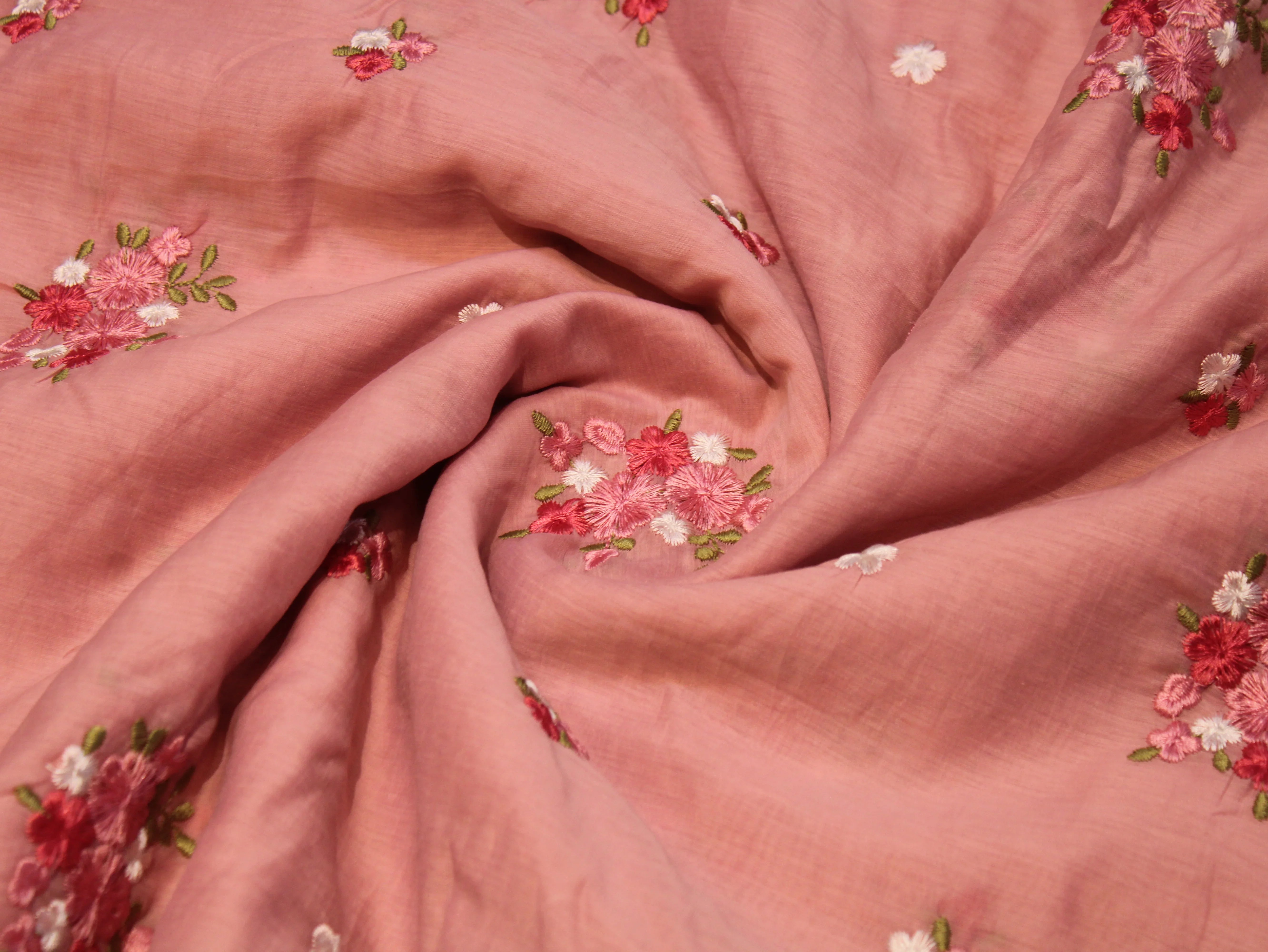 Mal Chanderi Fabric with Floral Bouquet Embroidery — Peach