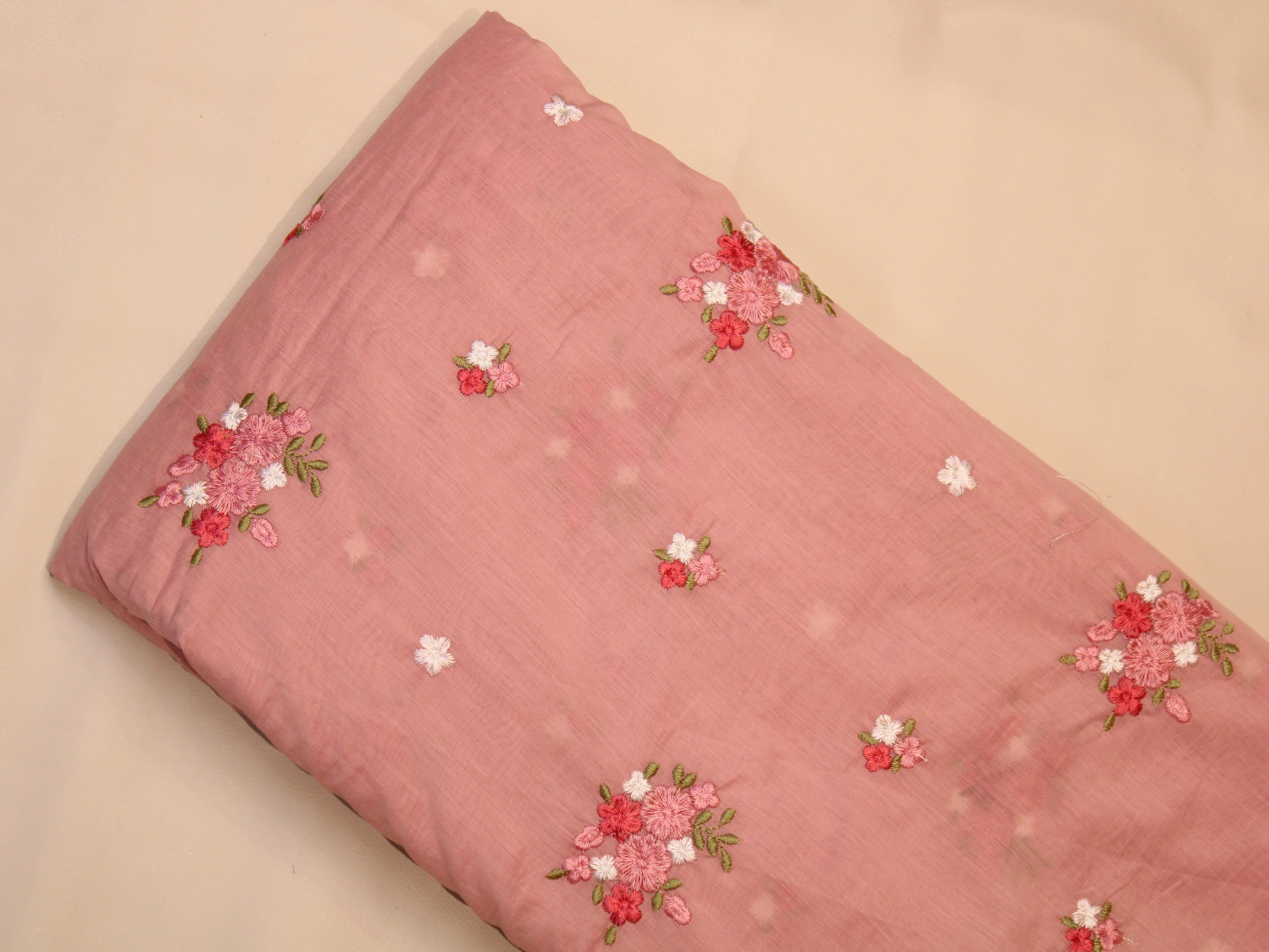 Mal Chanderi Fabric with Floral Bouquet Embroidery — Peach