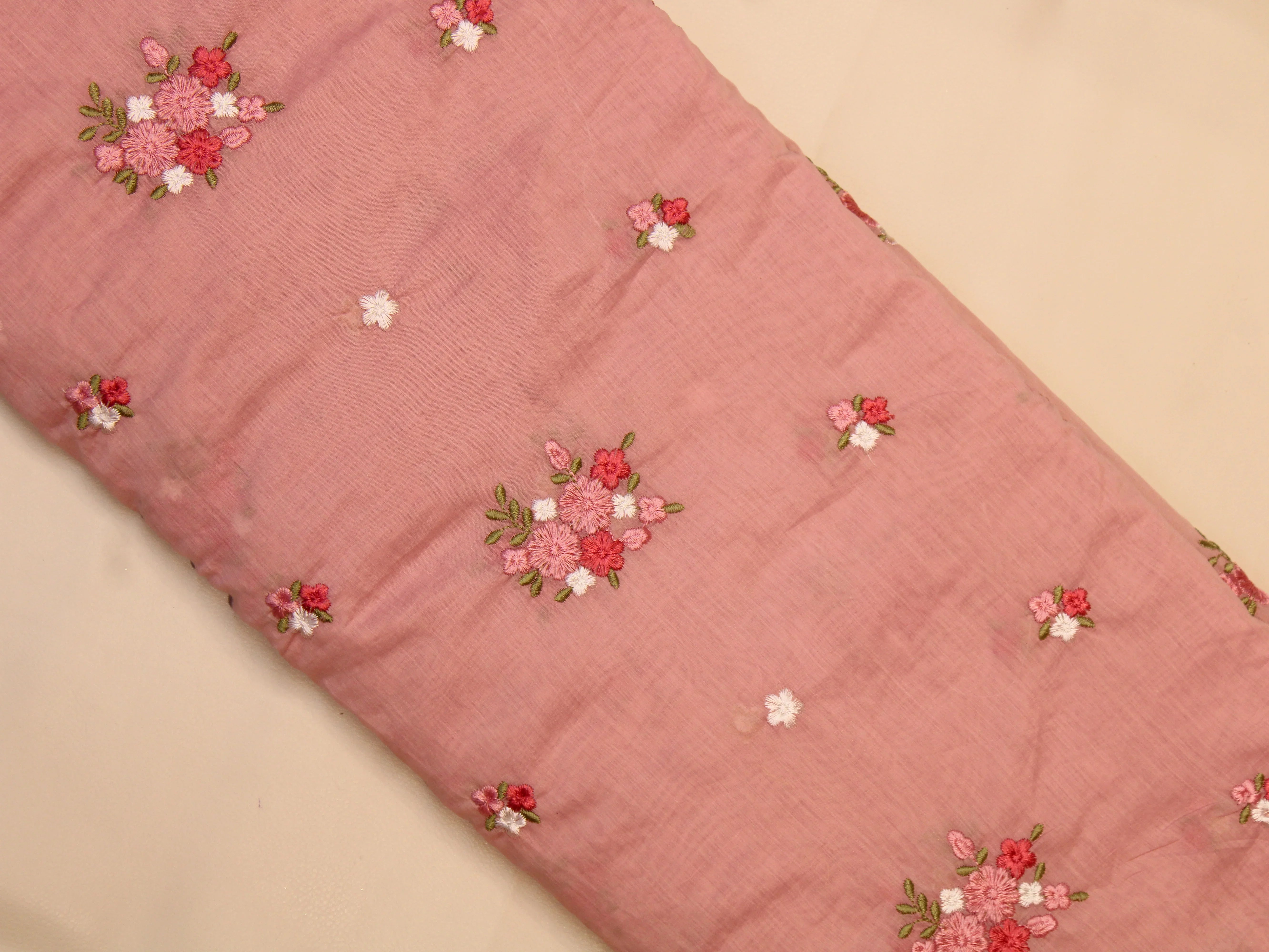 Mal Chanderi Fabric with Floral Bouquet Embroidery — Peach