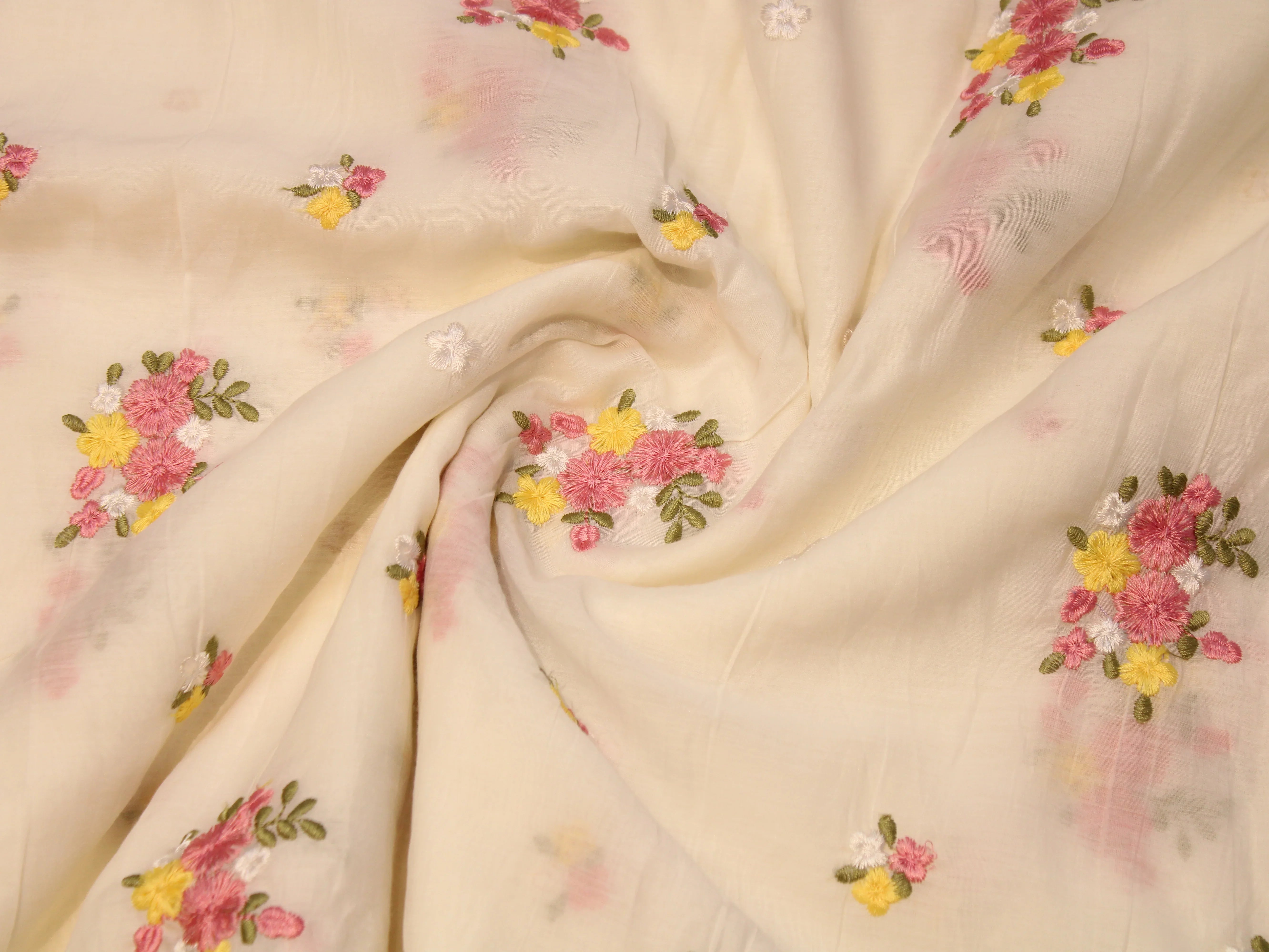 Mal Chanderi Fabric with Floral Bouquet Embroidery — White