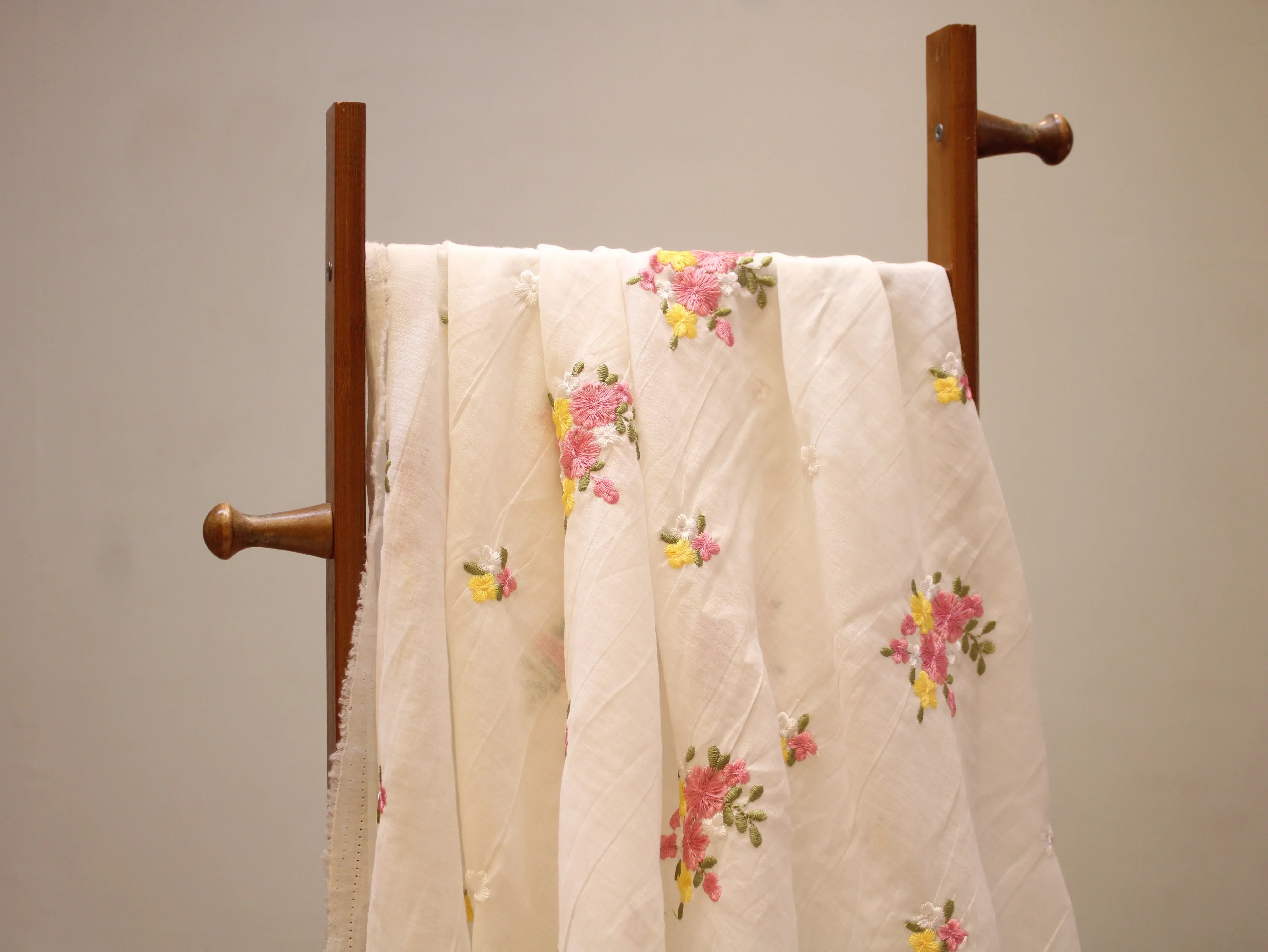 Mal Chanderi Fabric with Floral Bouquet Embroidery — White