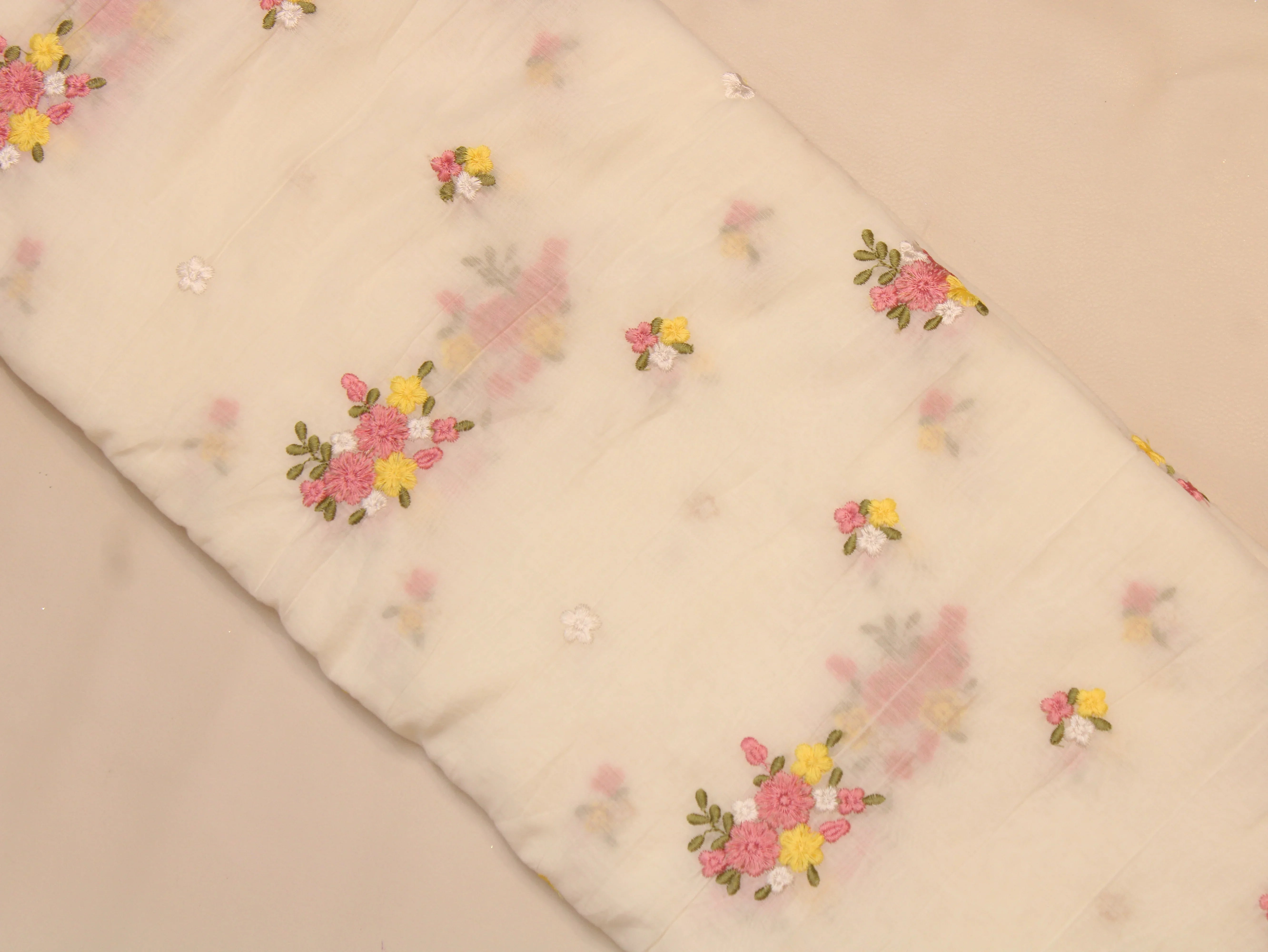 Mal Chanderi Fabric with Floral Bouquet Embroidery — White