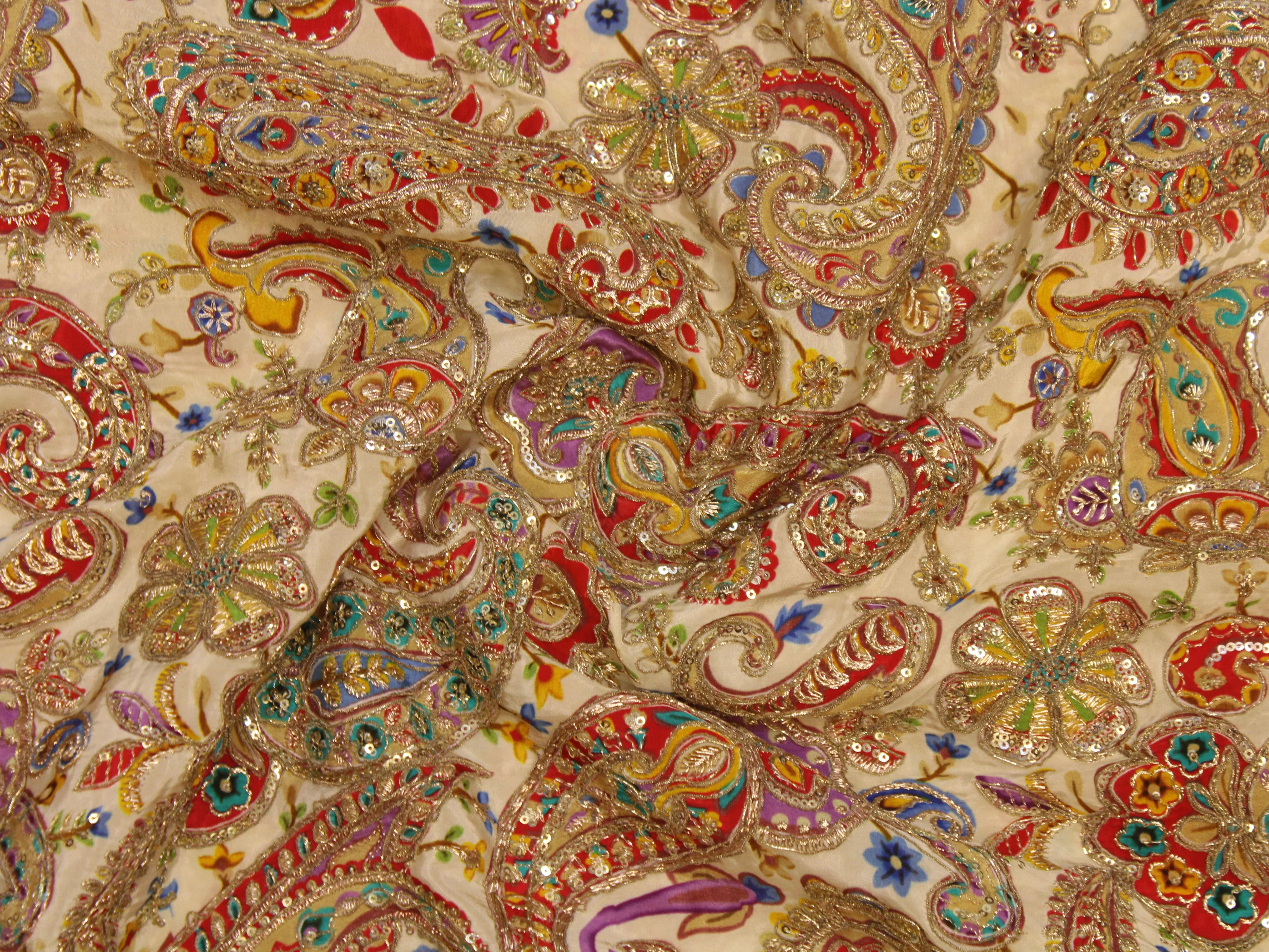 Natural Crepe Fabric — Position & Cording Work | Large Paisley Design | Multicolour | 44 Inch