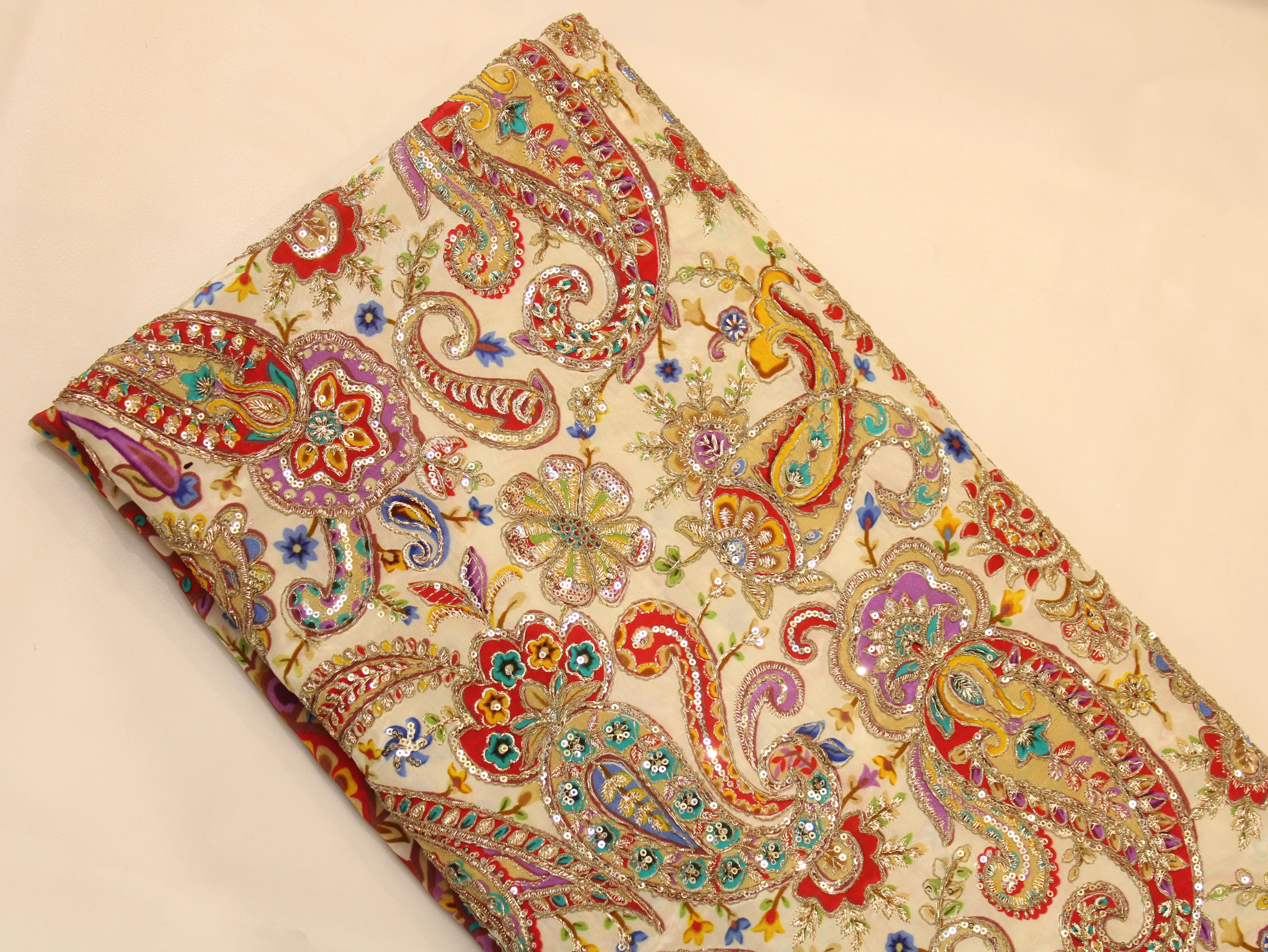 Natural Crepe Fabric — Position & Cording Work | Large Paisley Design | Multicolour | 44 Inch