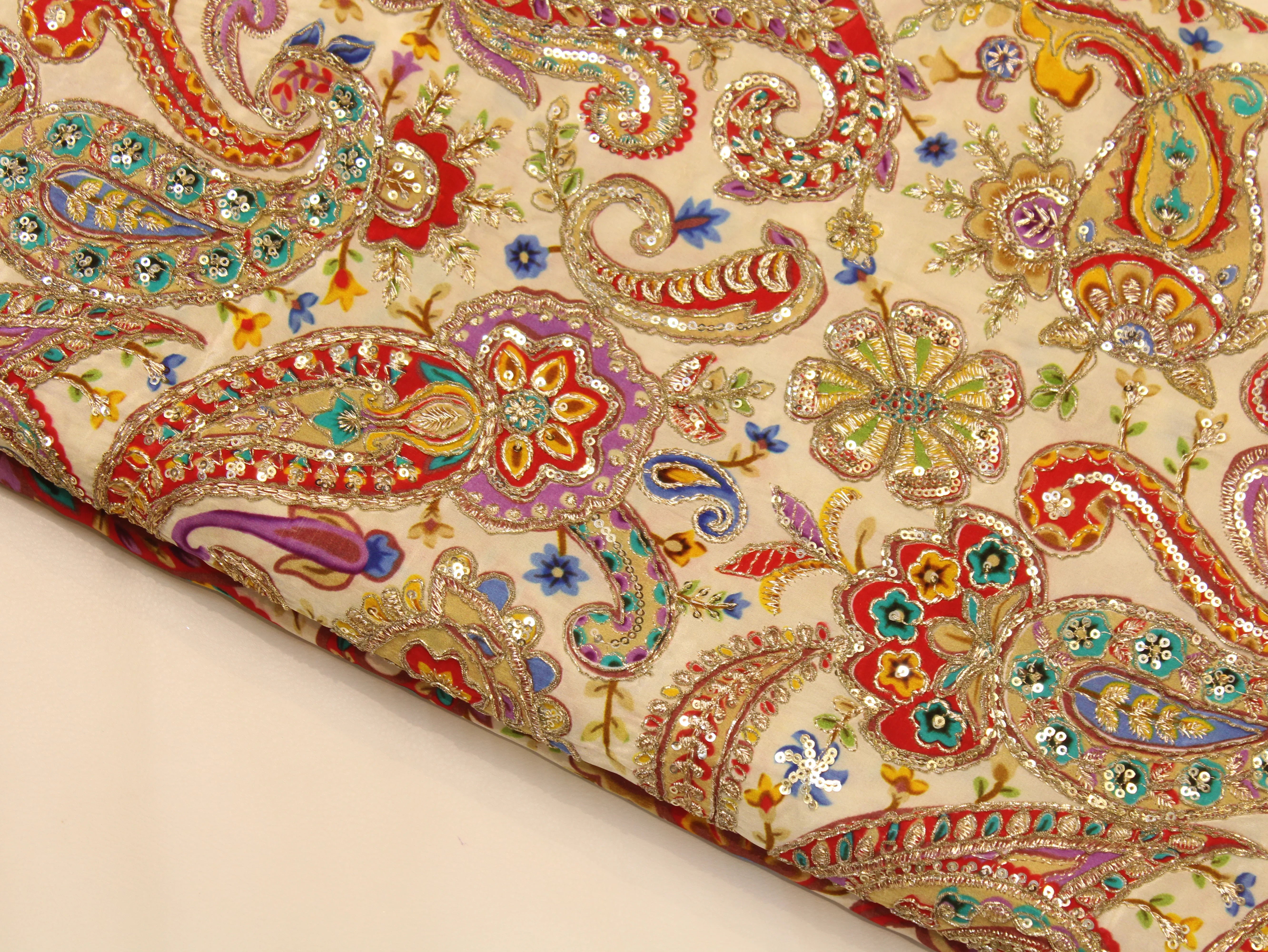 Natural Crepe Fabric — Position & Cording Work | Large Paisley Design | Multicolour | 44 Inch
